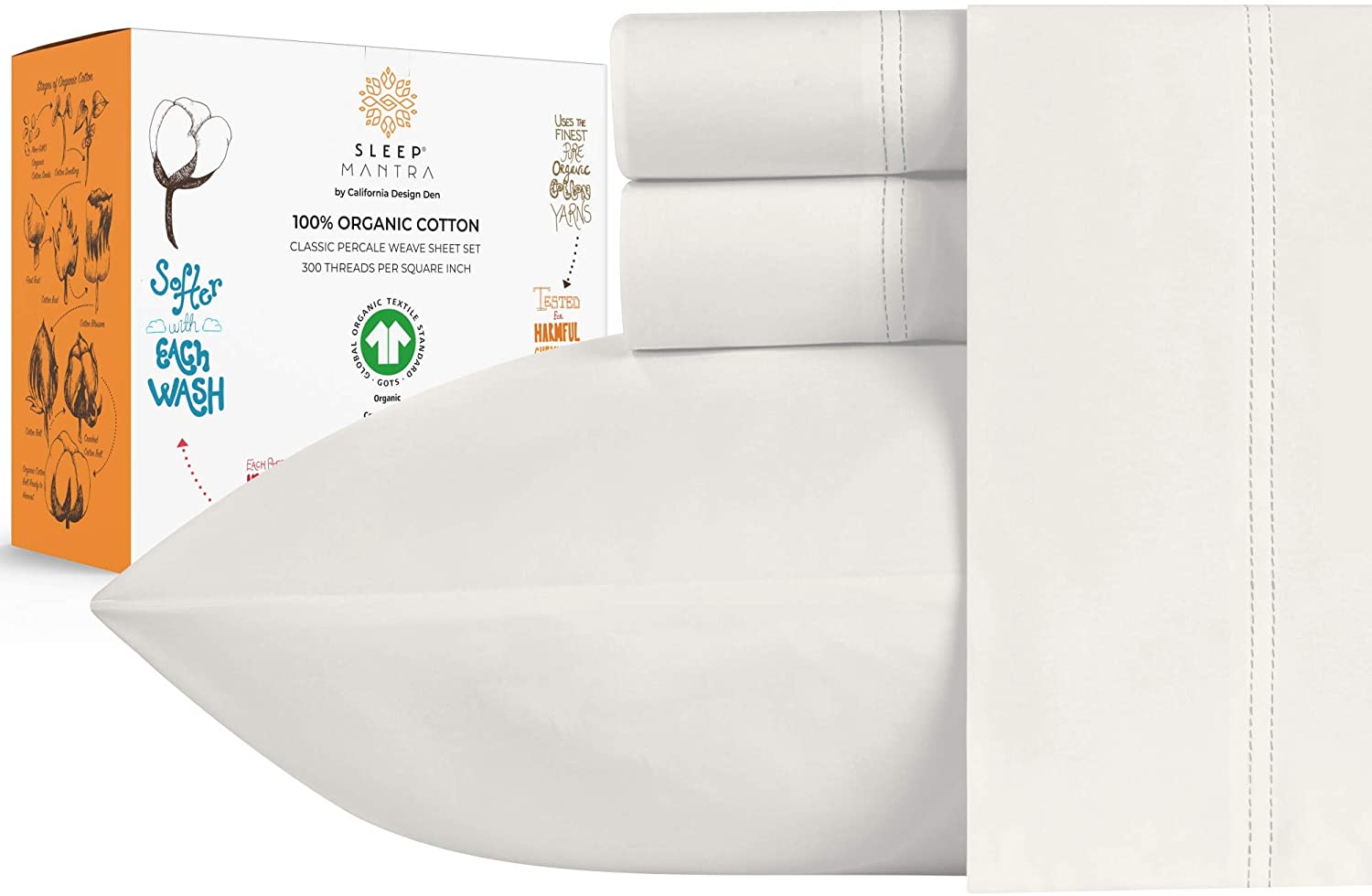 Price:$64.99 Organic Cotton Bed Sheets - Crisp and Cooling Percale Weave, Breathable 4 Piece Sheet Set, Deep Pocket with All-Around Elastic (King, Ivory) : Home & Kitchen