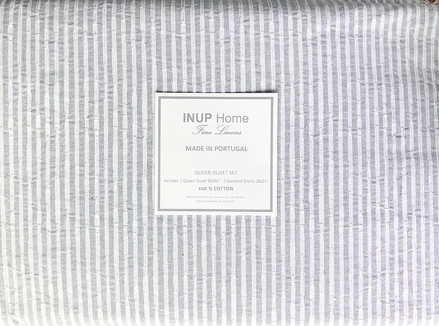 Price:$145.99 Portugal 3pc Duvet Cover Set Textured White and Gray Stripes Farmhouse Style Comforter Quilt Cover 100% Cotton Luxury (Queen) : Home & Kitchen