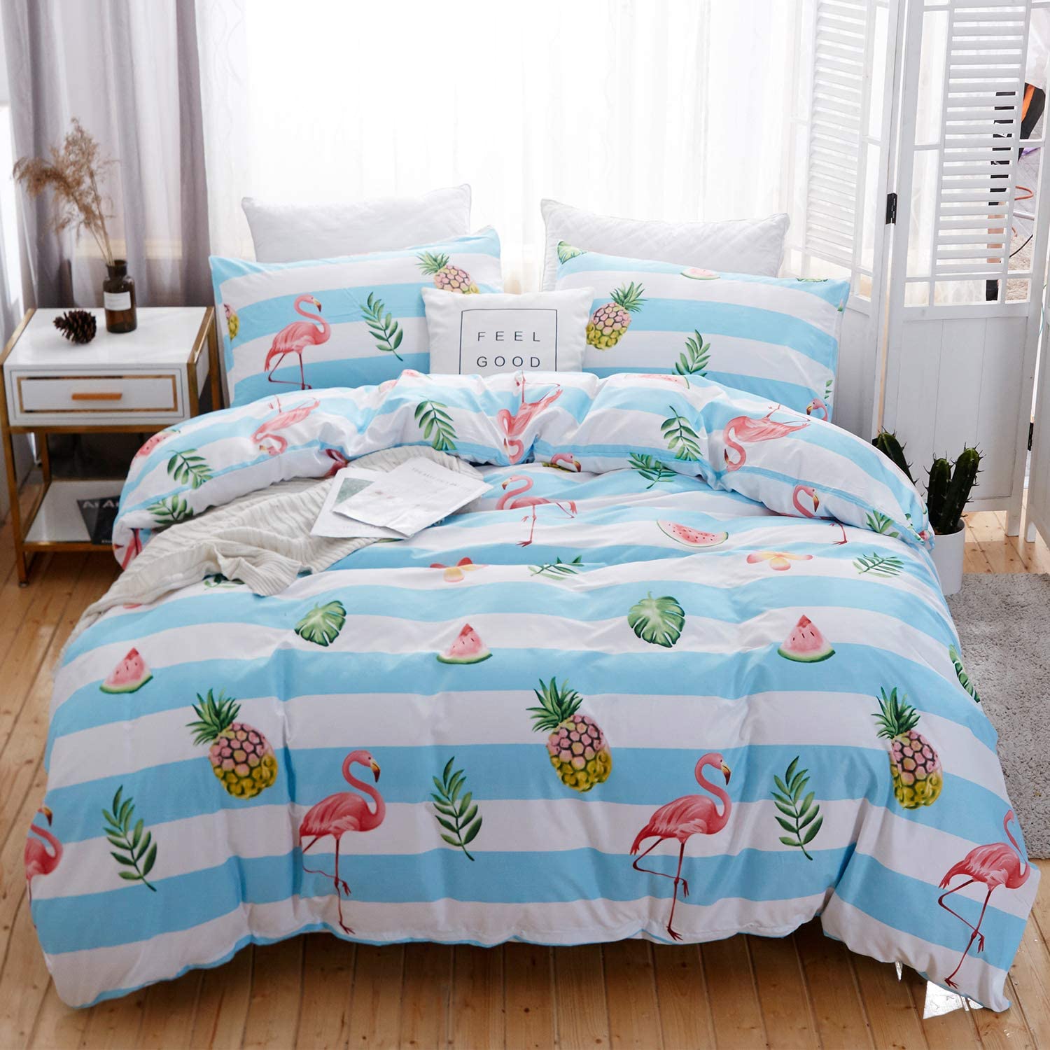 Price:$24.89 Duvet Cover Set Queen Size Pineapple/Flamingo Pattern White/Light Blue Striped Design Luxury Soft Bedding Set Comforter Cover (1 Duvet Cover+2 Pillowcases) : Home & Kitchen