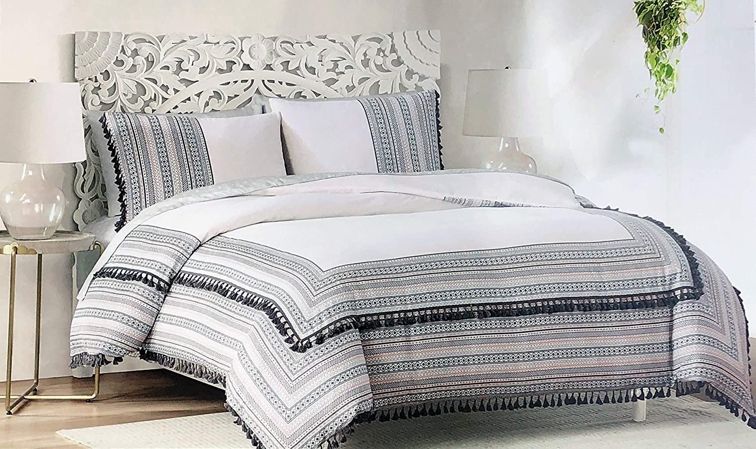 Price:$27.99 Rowley New York Duvet Comforter Cover Set, Full/Queen Size Double Bed Luxury 3 Piece Printed Geometric Striped Pattern Black Red Gray on White with Black Sewn Tufts, Bedding - Rue : Home & Kitchen