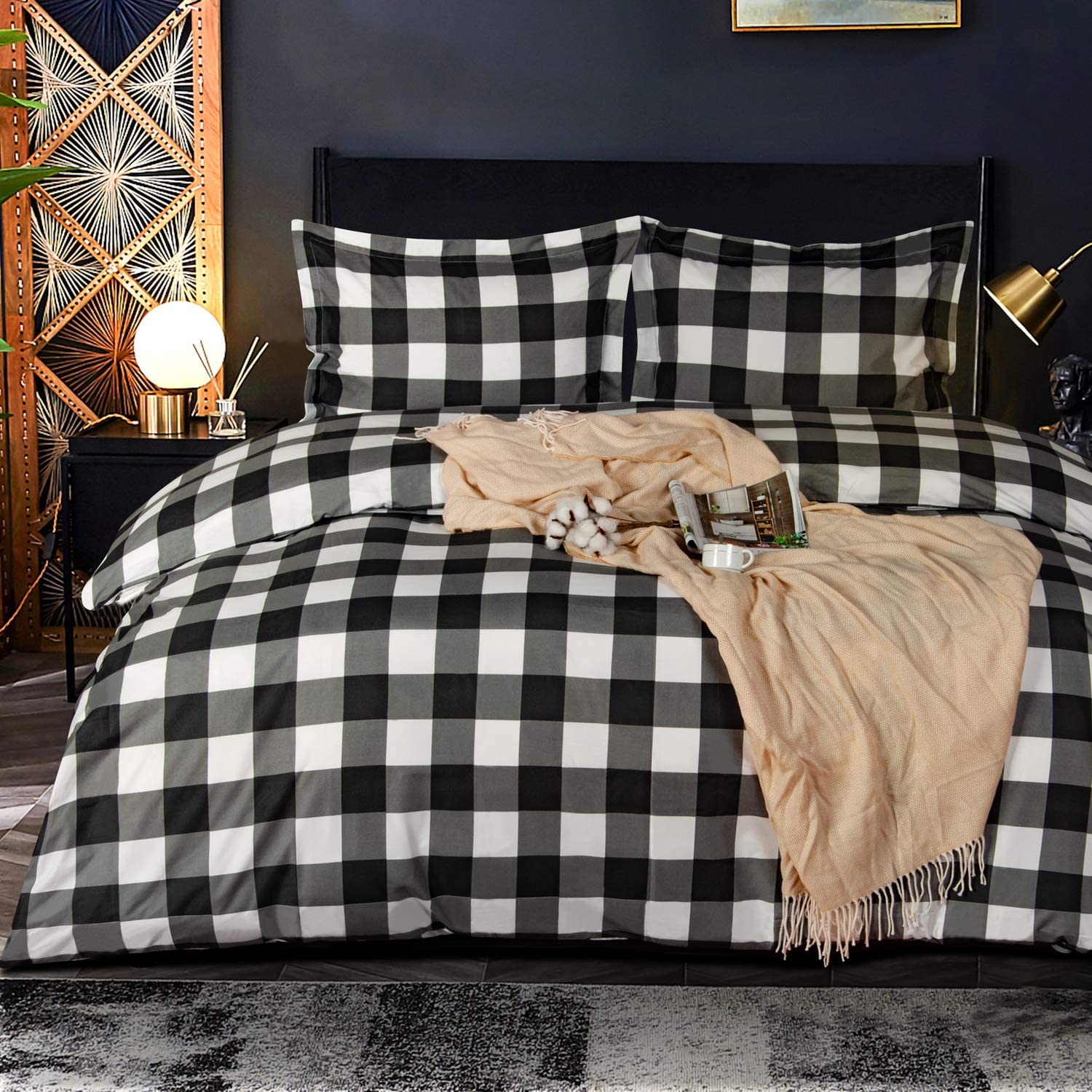 Price:$28.99 Microfiber Queen Duvet Cover Set, 3 Pieces Ultra Soft Buffalo Check Printed Comforter Cover Set with Zipper Closure and Corner Ties, Black and White : Home & Kitchen