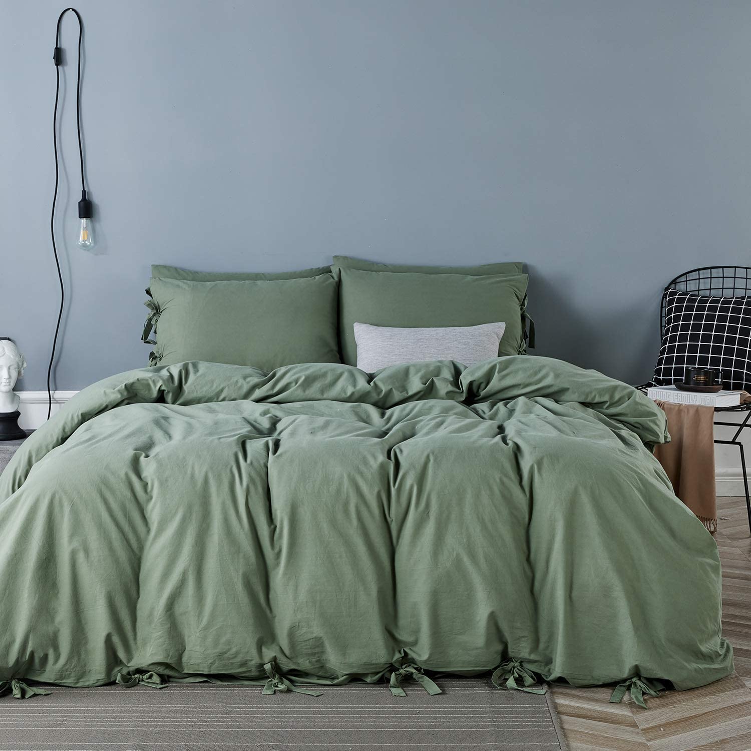 Price:$49.99 100% Green Washed Cotton Butterfly Bow tie Comforter Cover Set Queen, 3 Pieces Ultra Soft Bowknot Duvet Cover(Without Comforter) : Home & Kitchen