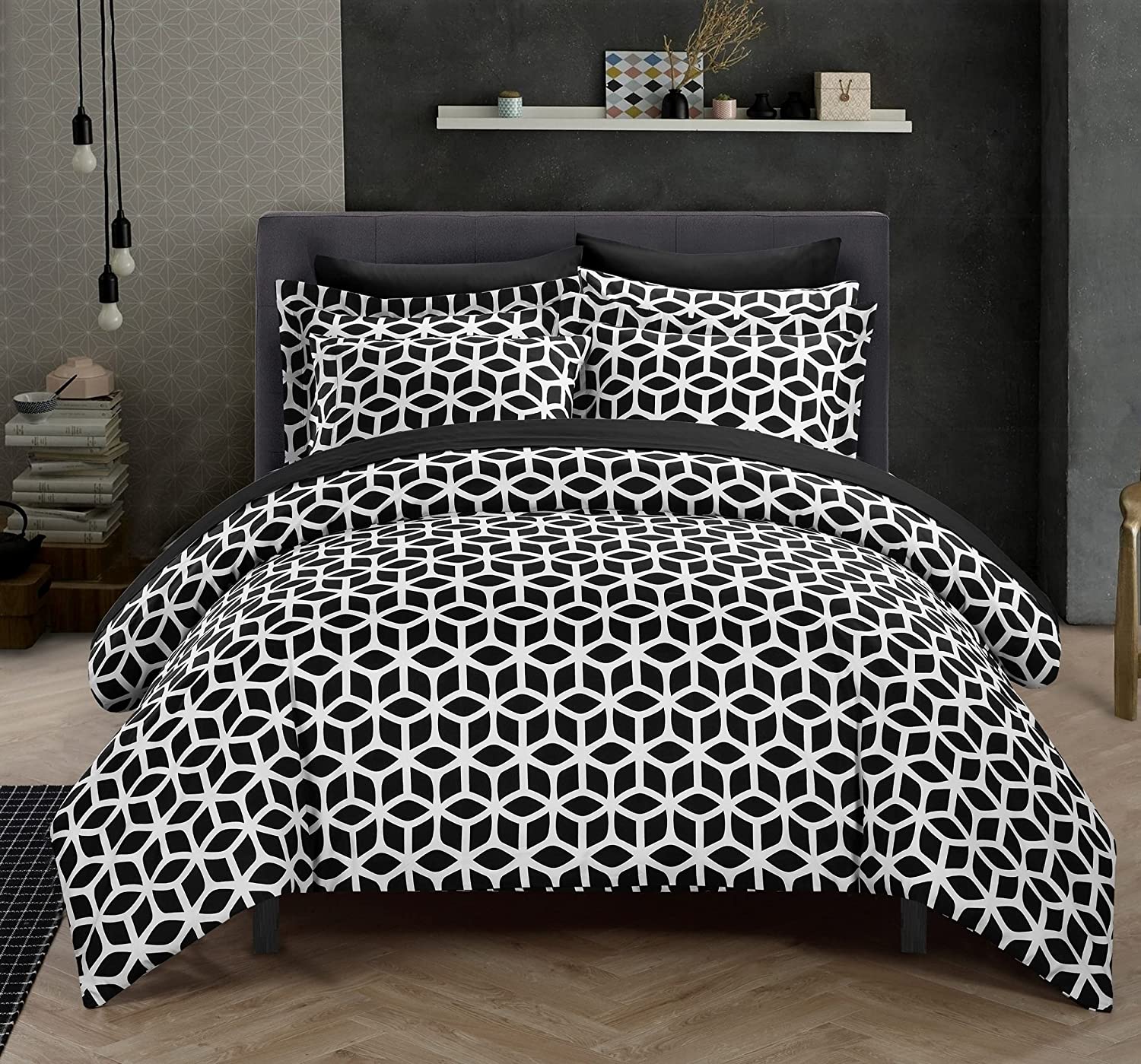 Price:$49.13 Home Elizabeth 3 Piece Reversible Duvet Cover Set Geometric Diamond Print Design Bedding, King, Black : Home & Kitchen