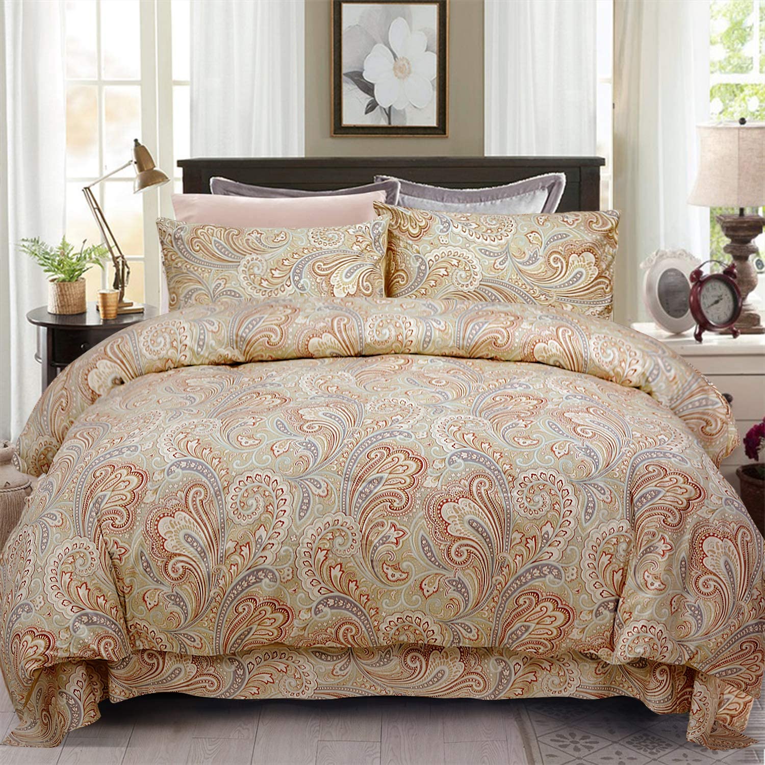 Price:$139.00 Luxury Chic Paisley Bedding Set Boho 4Pcs 1 Duvet Cover +1 Flat Sheet + 2 Envelope Pillowshams California King Size 100% Egyptian Long-Staple Satin Cotton Khaki : Home & Kitchen