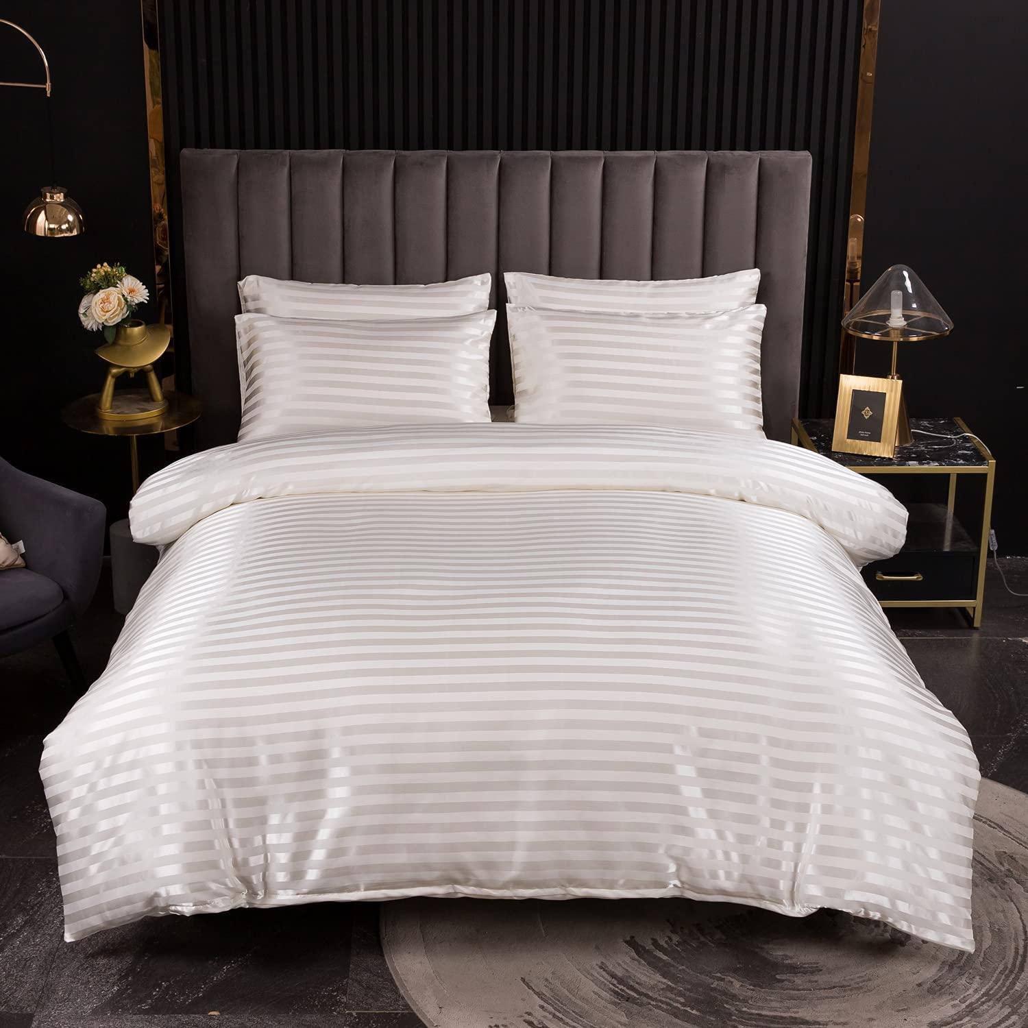 Price:$29.80 Duvet Cover Set King Size-Stripes Pattern Comforter Cover Solid Color with Zipper Closure, Corner Ties ( Ivory) : Home & Kitchen