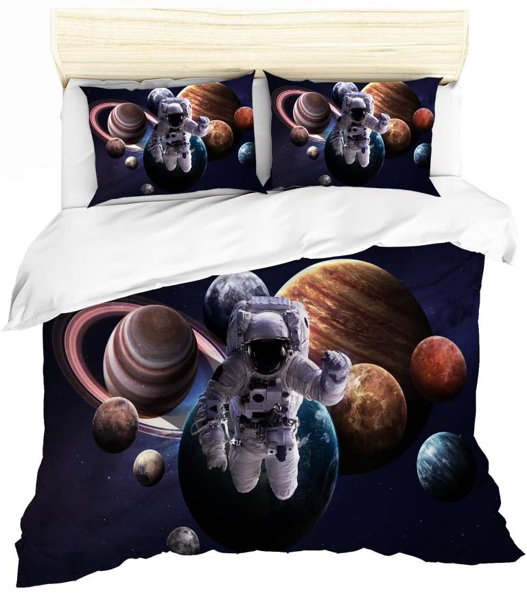 Price:$54.74 Space Astronaut Duvet Cover Set for Boys Girls Twin 3 Piece, 3D Printed Astronaut Leaving the Earth into Outer Space with 9 Planets Image, Decorative Bedding Set with 2 Pillowcase, Blue Brown : Home & Kitchen