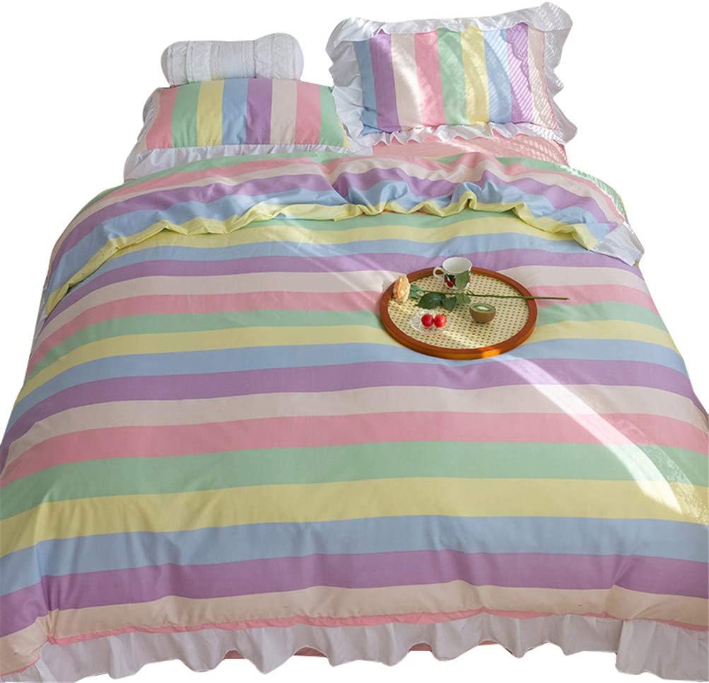 Price:$34.85 (1duvet Cover+2pillowcase+1flat Sheet) Falbala Rainbow Stripe Hidden Zipper Spring Model Kids Duvet Cover Sets-Twin : Home & Kitchen