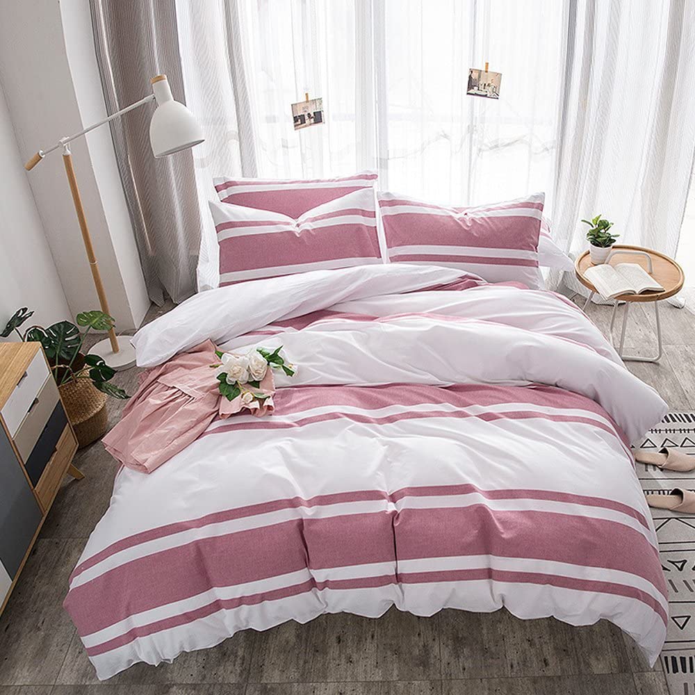 Price:$49.99 Cotton Duvet Cover Set Queen Size, 100% Cotton Yarn Dyed Striped Bedding Set,3 Pieces (1 pc Duvet Cover with 2 pcs Pillowshams) - Full/Queen - Pink : Home & Kitchen