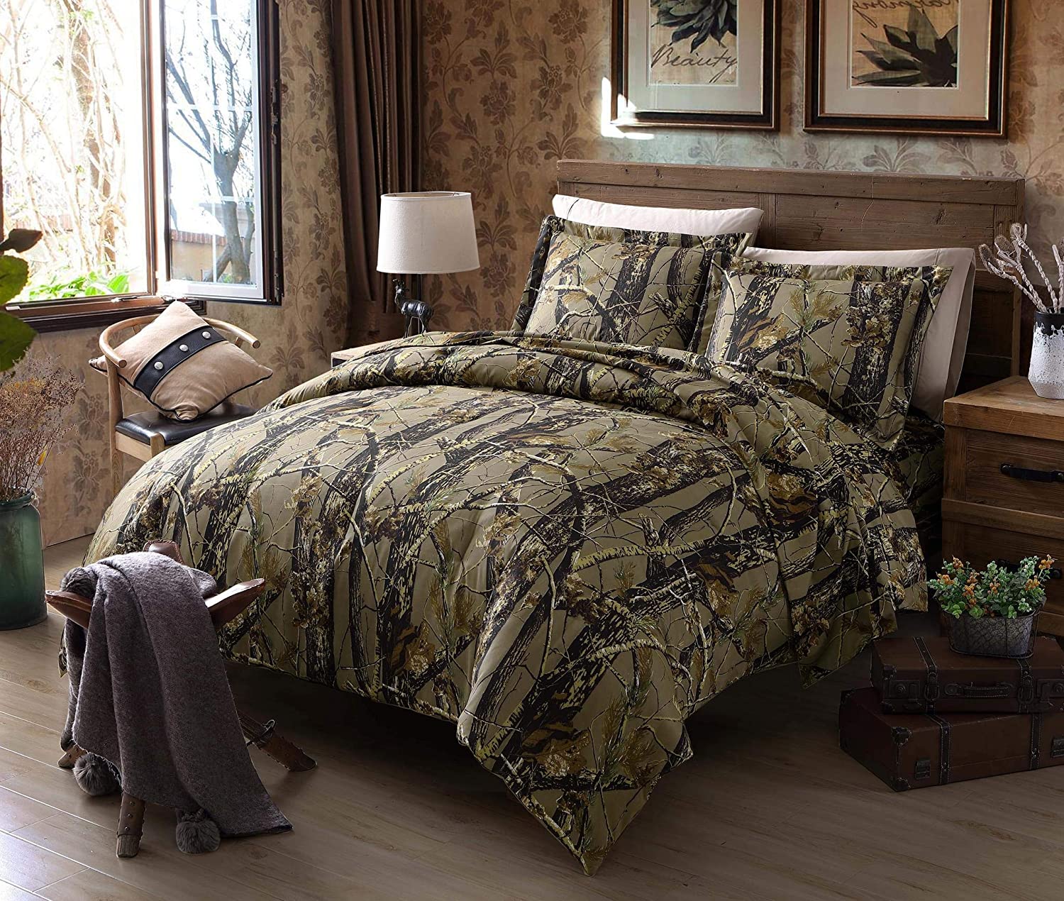 Price:$36.99 3-Piece Forest Woods Duvet Cover Set - Nature Camo Tree Leaves Printed Soft Microfiber Comforter Cover with Button Closure - Natural, King : Home & Kitchen
