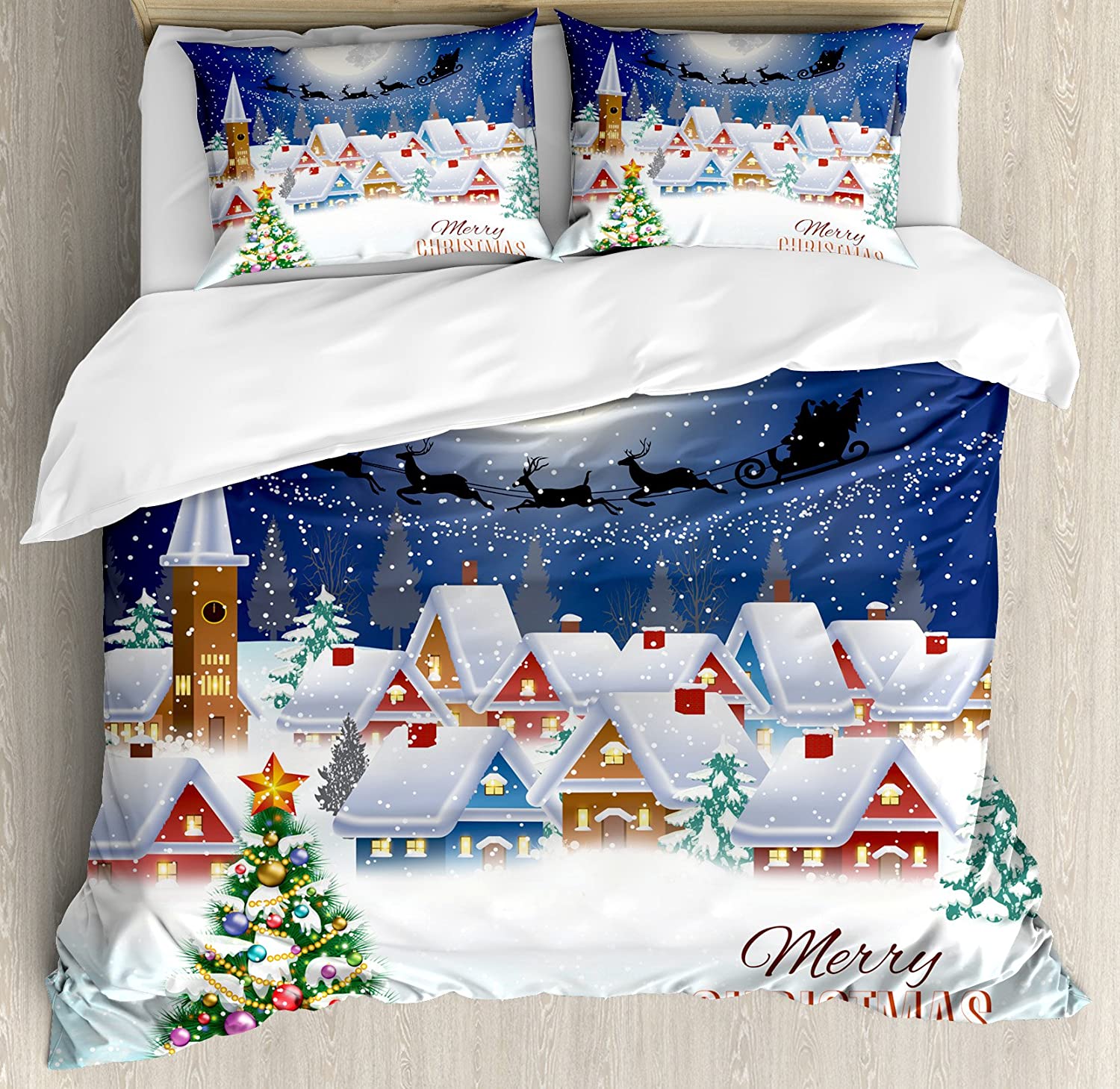 Price:$14.98 Christmas Duvet Cover Set, Moon Santa Claus Reindeer Hovering in Winter Sky of a Small Village Illustration, Decorative 3 Piece Bedding Set with 2 Pillow Shams, King Size, Navy White : Home & Kitchen