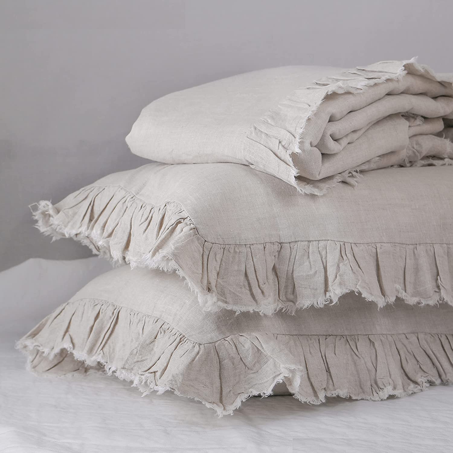 Price:$140.99 100% Linen Duvet Cover Set-Queen Size,3Pcs Shabby Chic Floral Frills Decorative Ruffles, Belgian Flax Farmhouse Bedding Set, Ultra Soft 1 Comforter Cover 2 Pillowshams(88''x92'' Linen) : Home & Kitchen