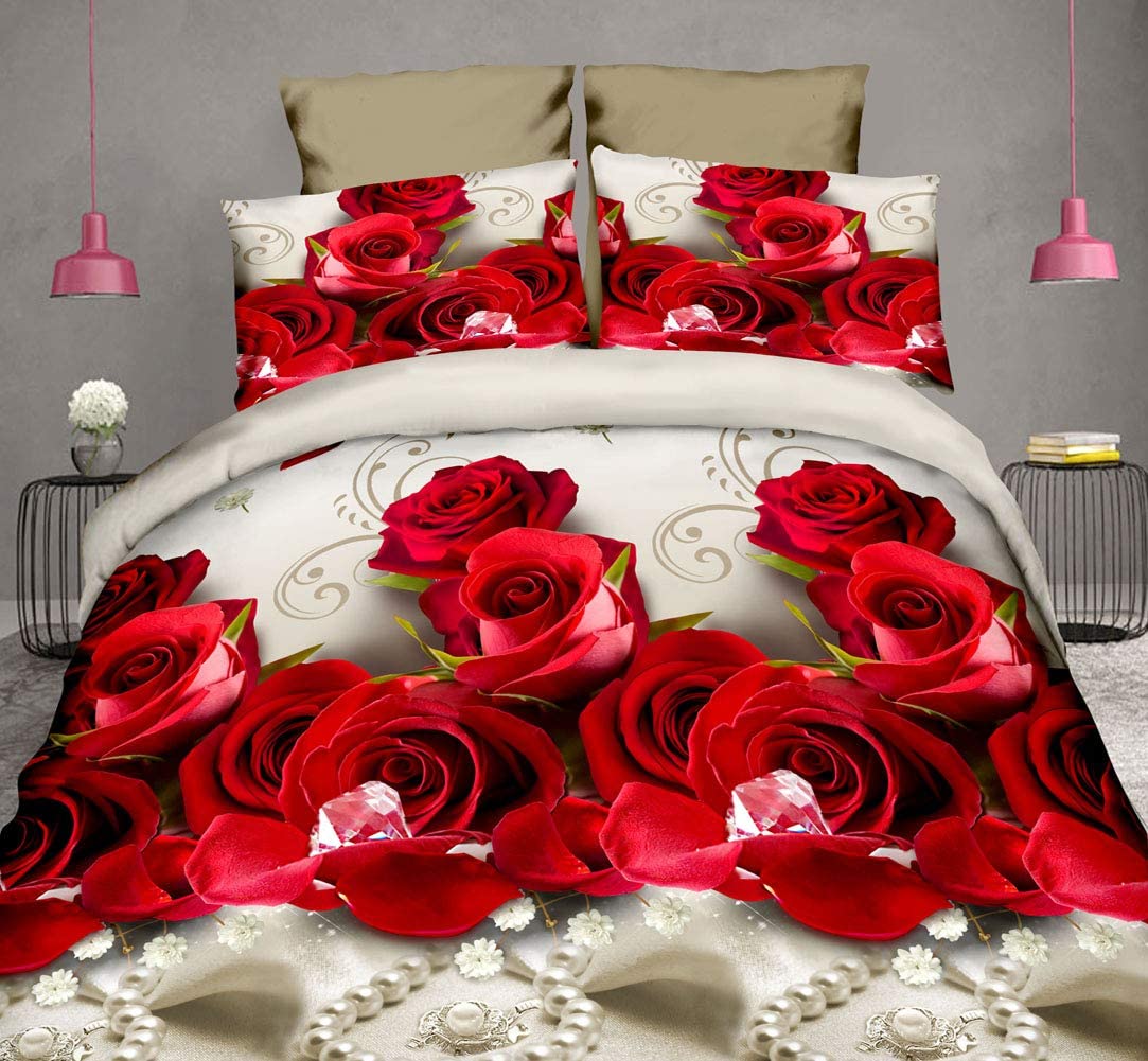Price:$41.99 Bedding Duvet Cover Set Bright Red Rose Printed Bedclothes 4-Piece Queen Size : Home & Kitchen