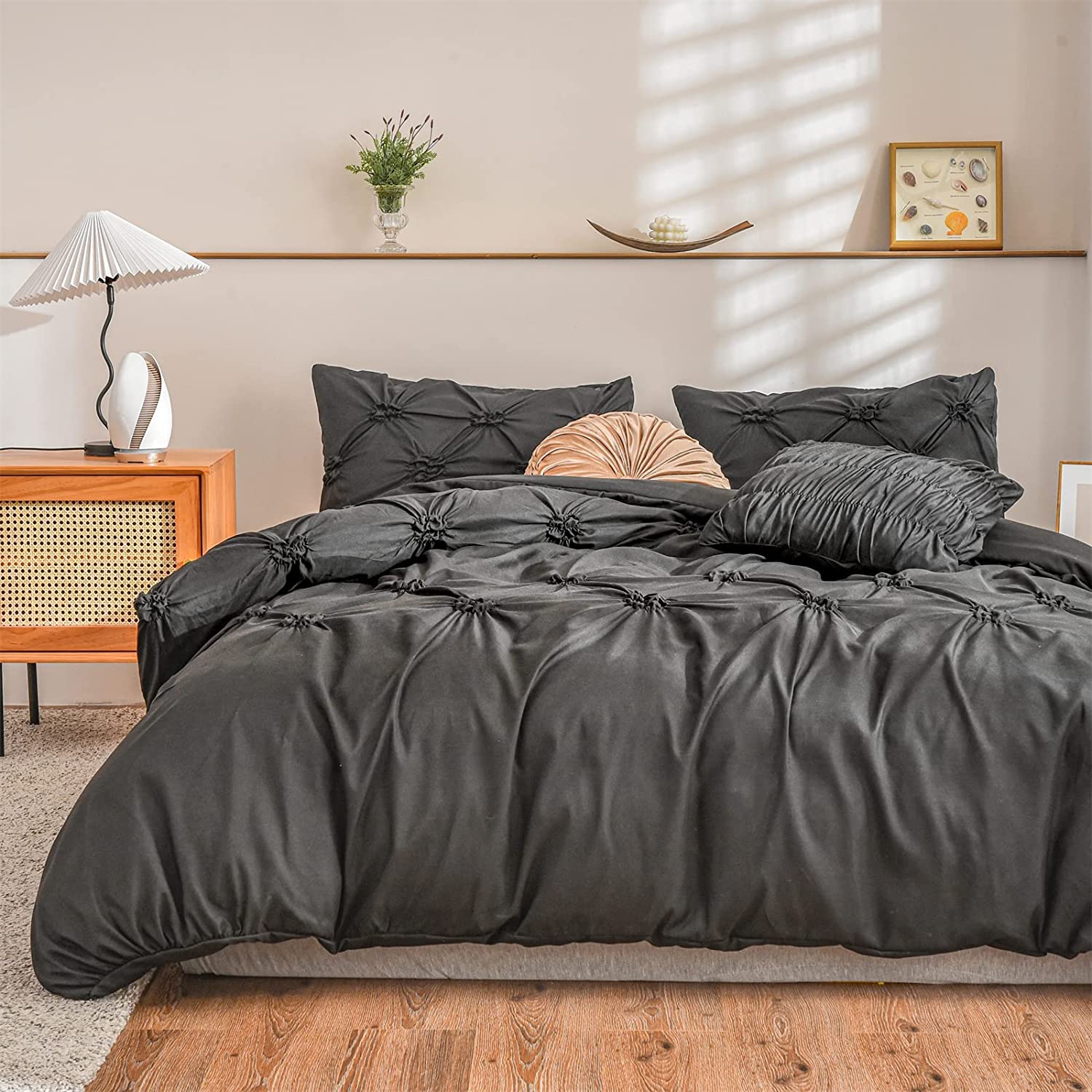 Price:$69.99 Home Decor Knotted Pinch Pleated Duvet Cover Set, Shabby Chic Bedding Sets Pintuck Style Comforter Cover Set with Pillow Shams for All Season (Black, Queen) : Home & Kitchen