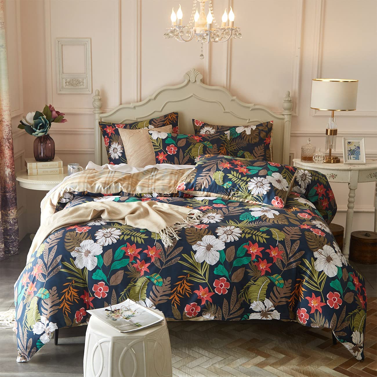 Price:$34.99 5PCS Reversible Floral Duvet-Cover-Sets, Queen Microfiber Soft Navy Comforter-Cover Sets with1 Duvet Cover and 4 Pillowcases, Flower&Grid Pattern Luxury Comfortable Zipper Closure Bedding Sets : Home & Kitchen