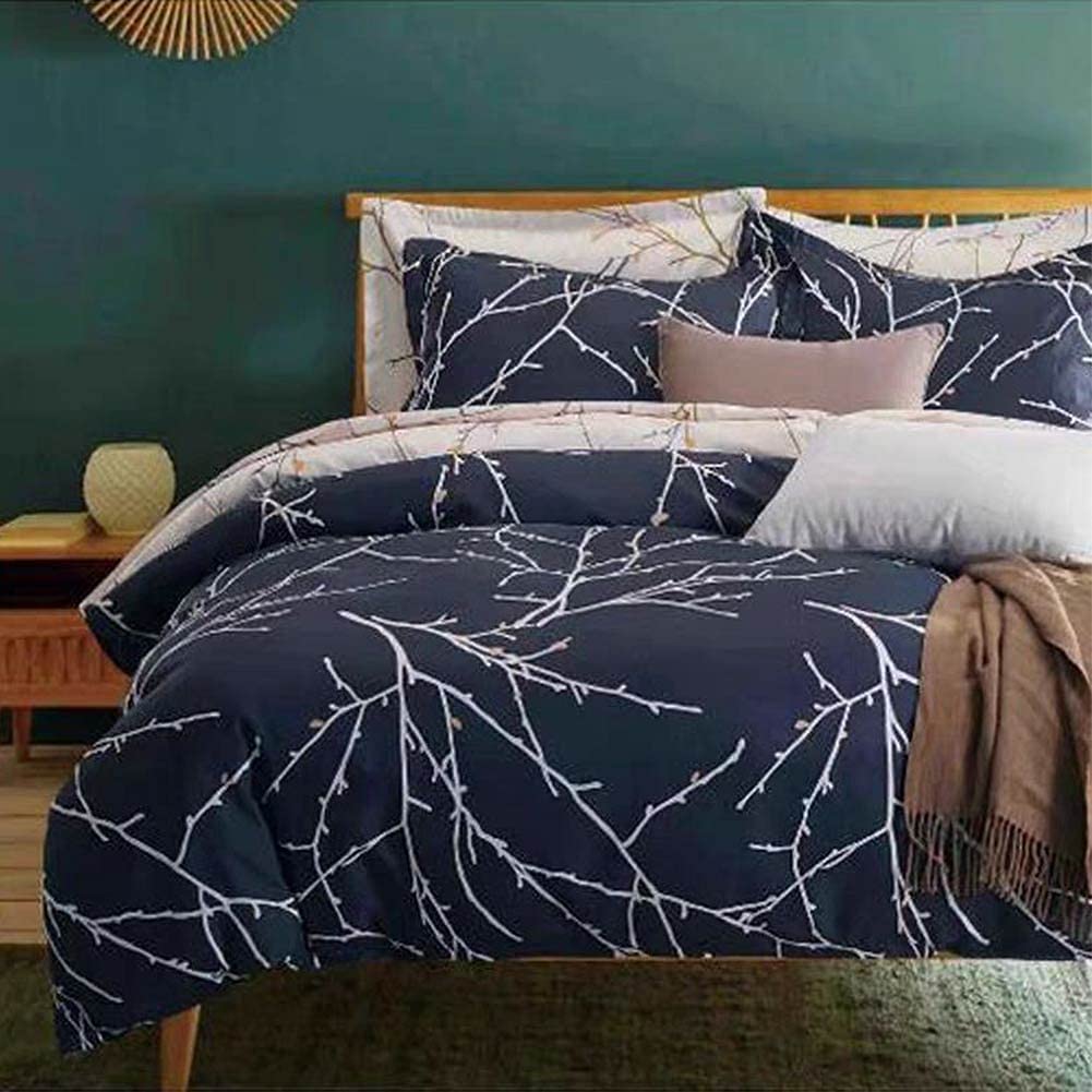 Price:$28.99 Size Duvet Cover Set, 3 Piece Farmhouse Blue Branches and Plum Buds Printed Reversible Microfiber Comforter Cover, Soft and Lightweight Botanical Pattern Quilt Cover, Navy and Cream : Home & Kitchen