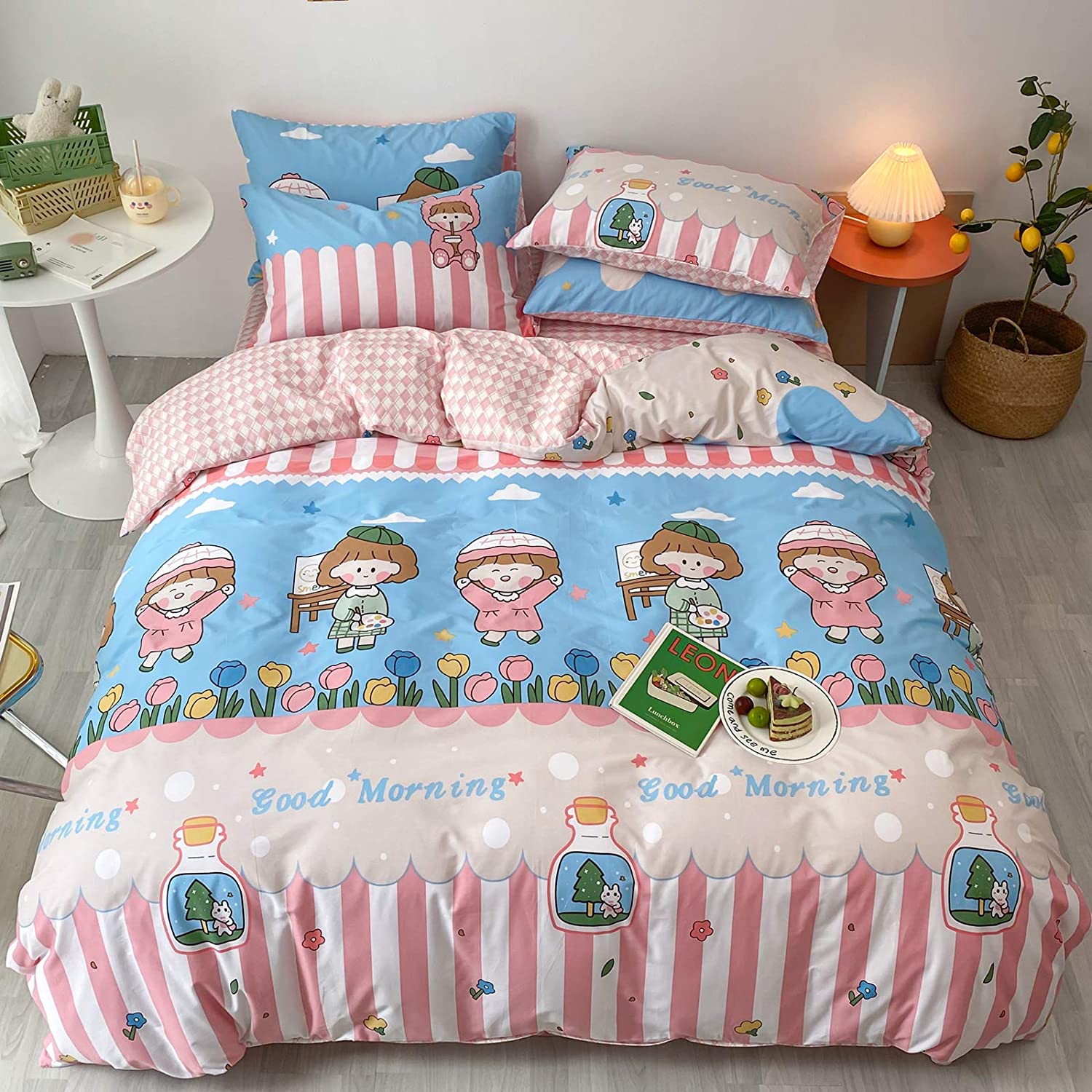 Price:$19.99 Children Duvet Cover Set Queen 100% Cotton Bedding for Kids Boys Girls Teens Wishing Bottle Floral Clouds Blue Sky on Pink 1 Cartoon Comforter Cover Full with Zipper Ties 2 Pillowcases Queen : Home & Kitchen