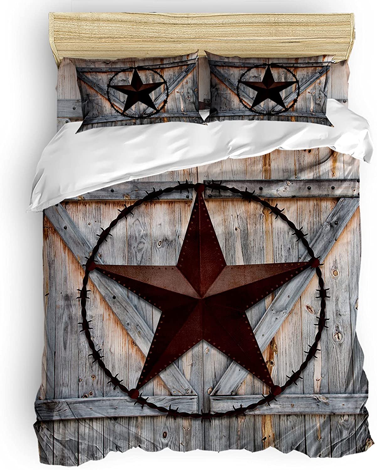 Price:$100.99 Bedding Duvet Cover Queen Set,Soft 4 Pieces Washed Bedding Set, Western Texas Star on Brown Wood Board Comforter Cover with Zipper Closure,1 Duvet Cover + 1 Bed Sheet+ 2 Pillow Shams : Home & Kitchen