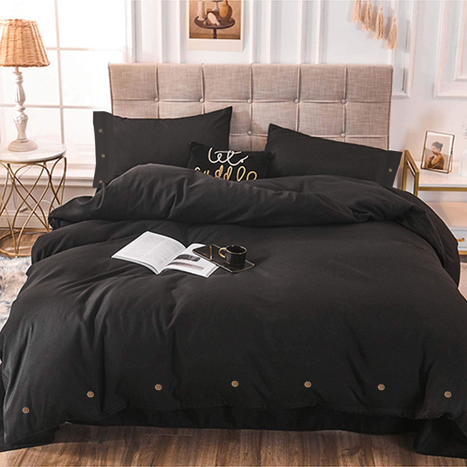 Price:$31.99 Queen Duvet Cover Set Black 3pc 90x90 Luxury Microfiber Down Comforter Quilt Bedding Cover with Deco Buttons Zip Closure Ties - Modern Style for Men and Women Chambray Teen : Home & Kitchen