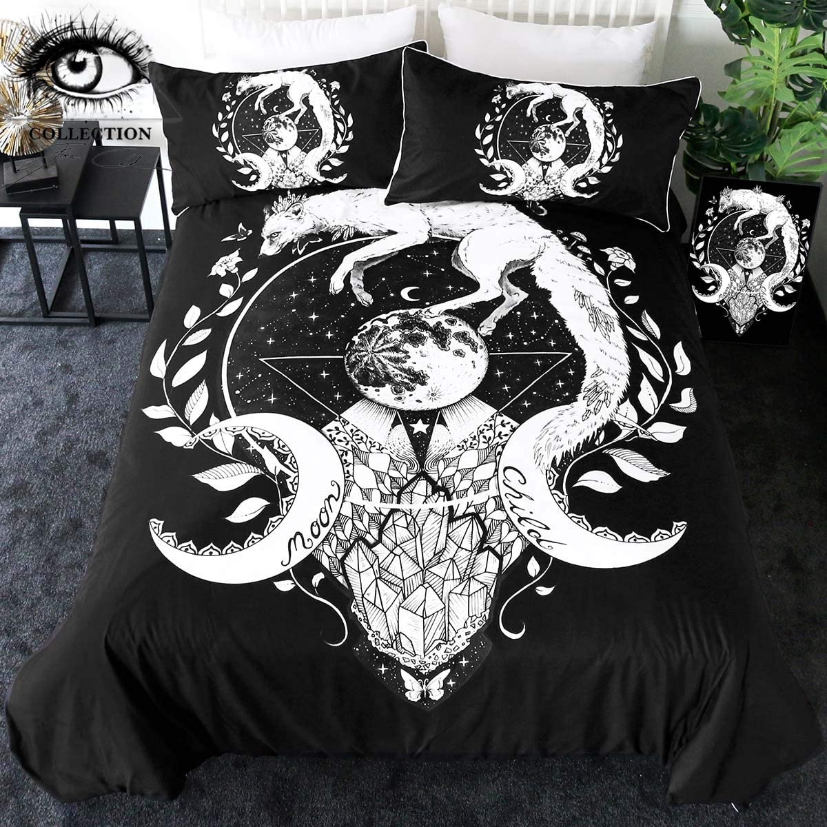 Price:$46.99 Moon Child Black by Pixie Cold Art Witchy Fox Bedding Set Black Moon Phase Comforter Cover 3 Pieces Trippy Fox Duvet Cover Boho Celestial Animal Bed Set (Queen) : Home & Kitchen