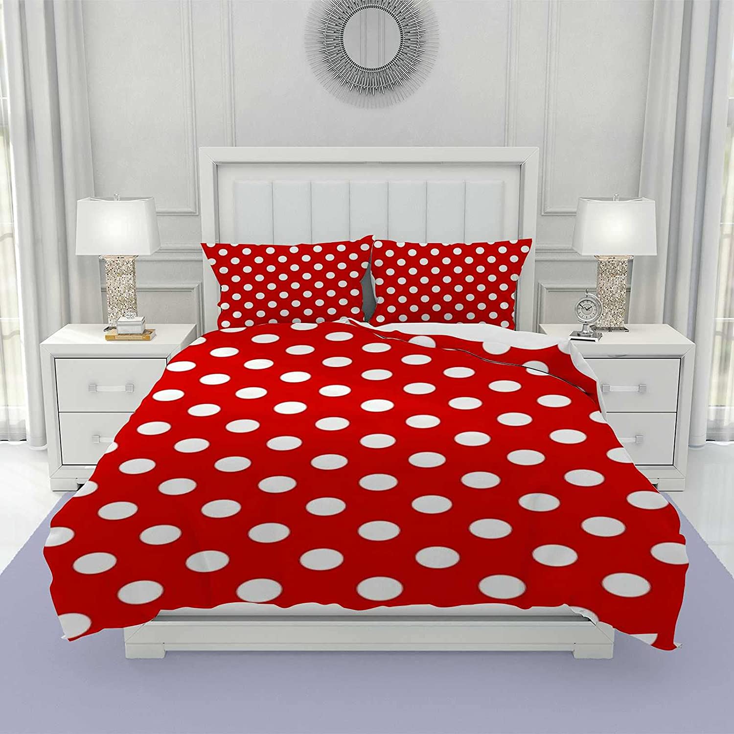 Price:$62.00 Duvet Cover Sets White Polka Dot on Red Soft Microfiber Comforter Protector Set 3 PCS(1 Duvet and 2 Pillow Shams) Bedding Set Queen Size 90 x 90 Inches : Home & Kitchen