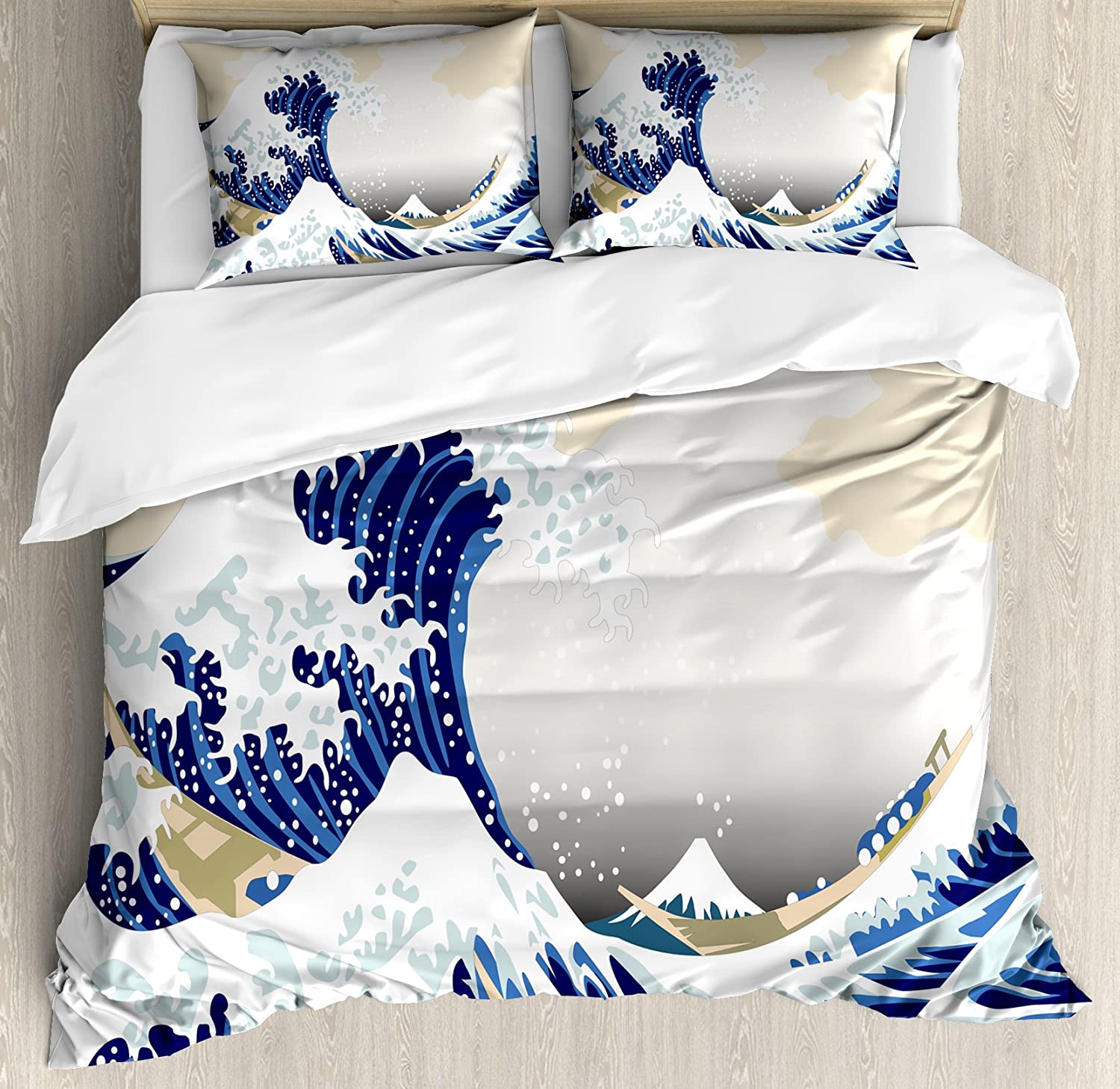 Price:$79.95 Wave Duvet Cover Set, Hokusai Pattern Japanese Ukiyoe Themed Oriental Sketch Style Ocean, Decorative 3 Piece Bedding Set with 2 Pillow Shams, Queen Size, Navy Beige : Home & Kitchen