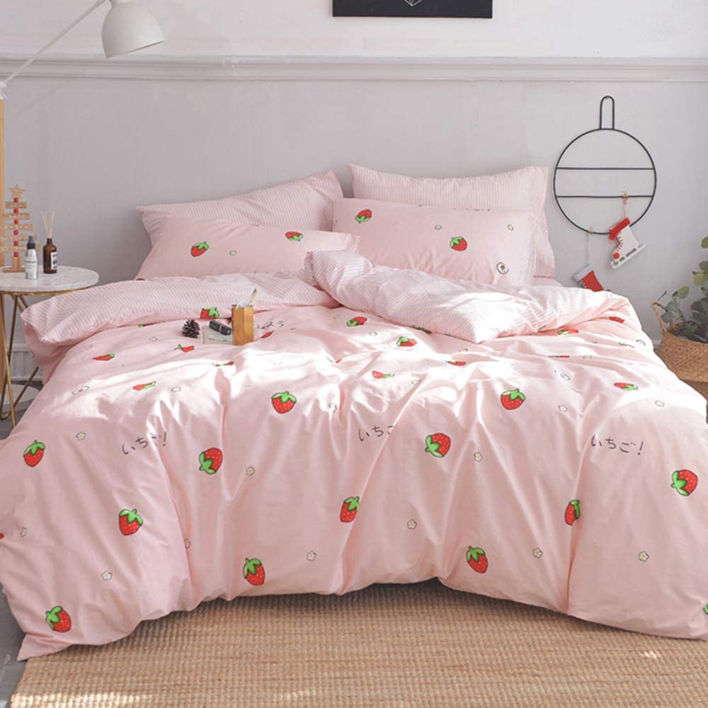 Price:$48.09 Kawaii Strawberry Duvet Cover Twin Soft 100% Cotton Strawberry Bedding Set with 2 Pillowcases Girls Women Adults Japanese Style Strawberry Comforter Set with Zipper (NO Comforter) : Home & Kitchen