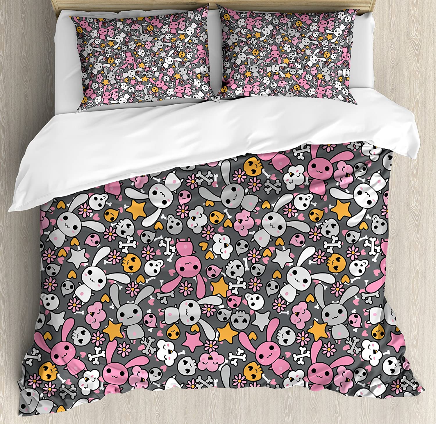 Price:$79.95 Nursery Duvet Cover Set, Kawaii Bunnies and Clouds Heart Eyed Skulls Japanese Anime Design Print, Decorative 3 Piece Bedding Set with 2 Pillow Shams, Queen Size, Grey Pink : Home & Kitchen