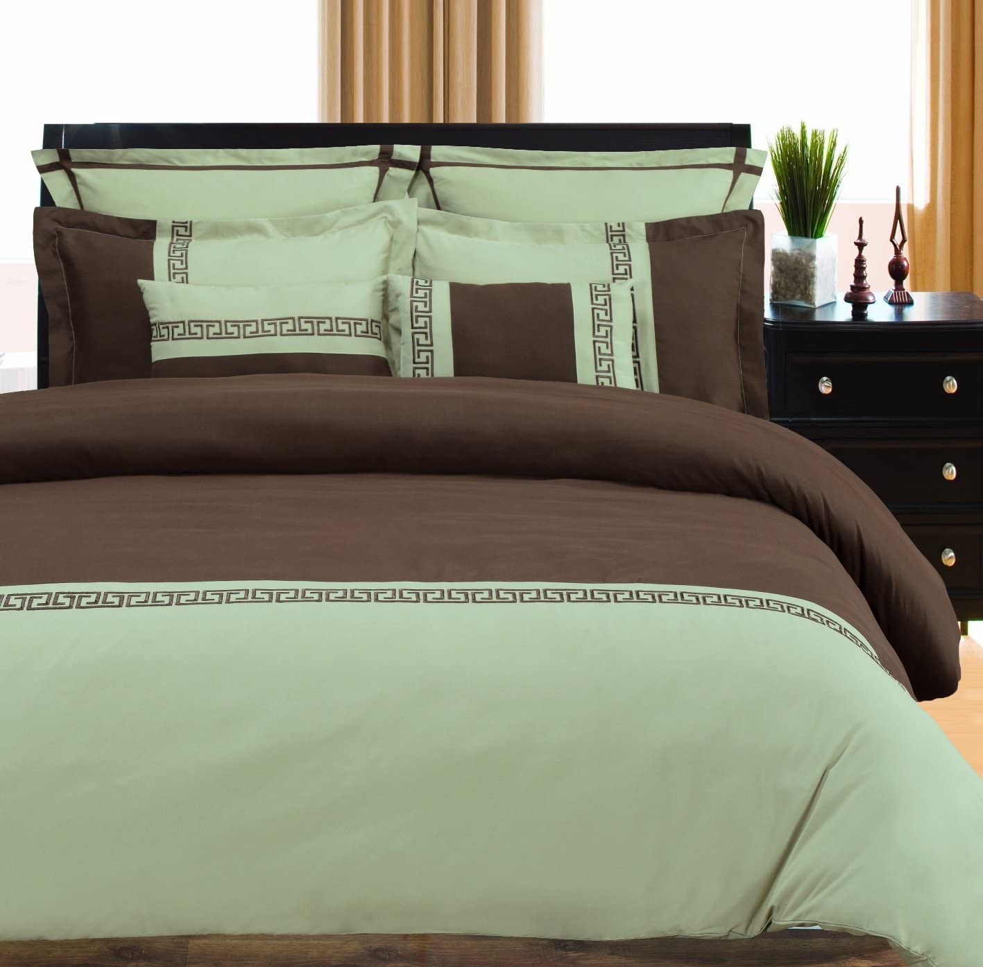 Price:$73.99 7-Piece, Wrinkle Resistant, King/California King Duvet Cover Set, Sage/Chocolate : Home & Kitchen