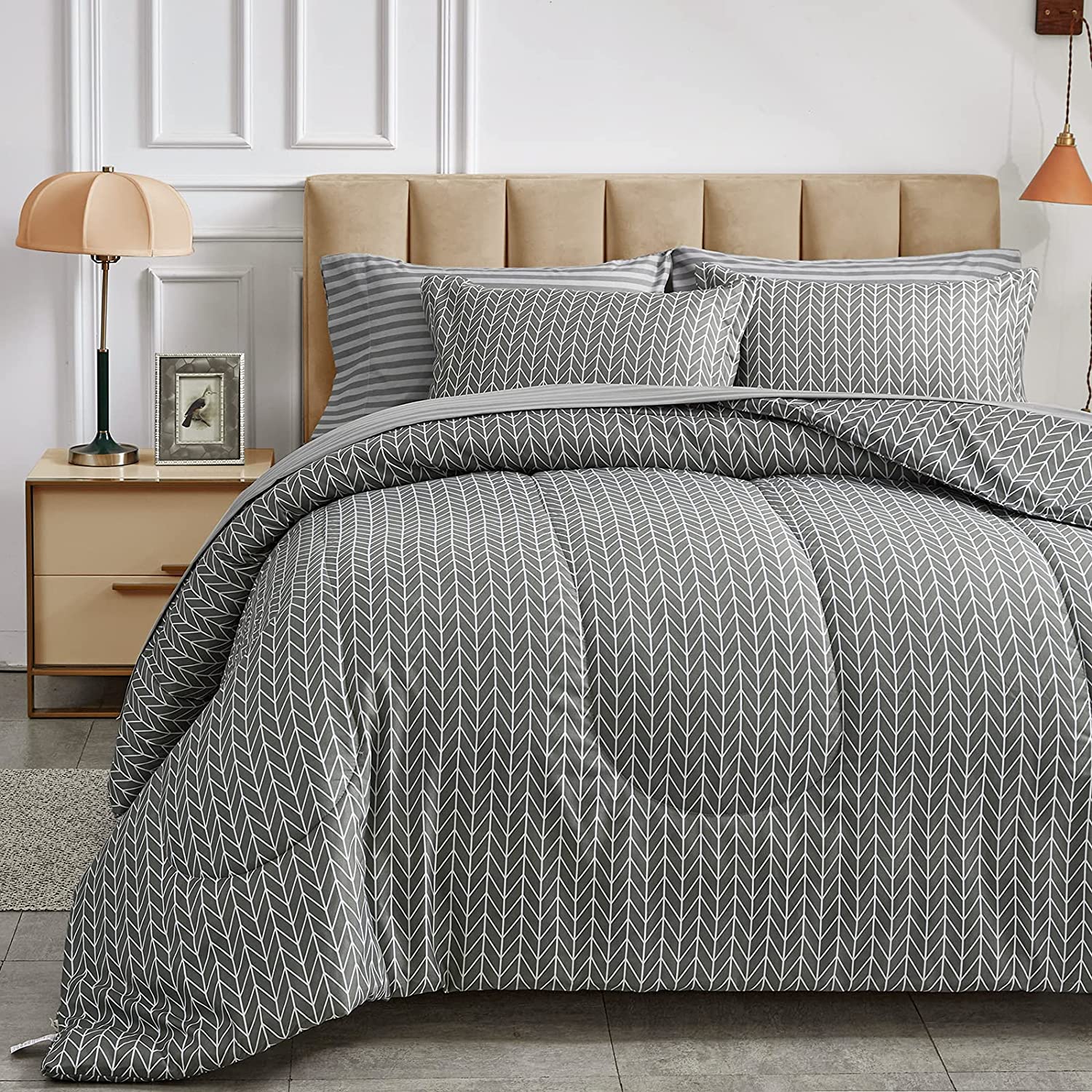 Price:$79.99 Bedding Bed in a Bag 7 Pieces King Size - Gray Stripes - Soft Microfiber Reversible Bed Comforter Duvet Set (1 Comforter, 2 Pillow Shams, 1 Flat Sheet, 1 Fitted Sheet, 2 Pillowcases) : Home & Kitchen