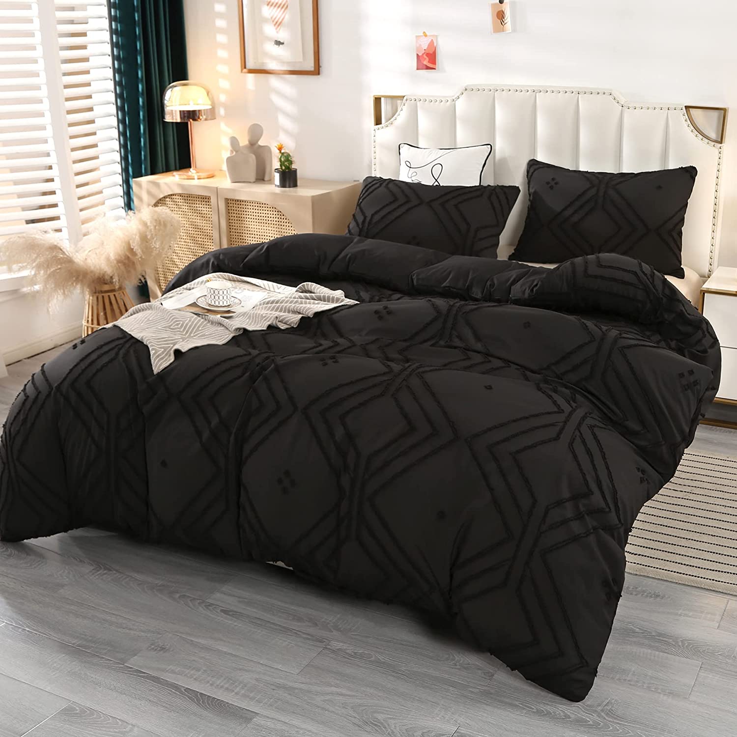 Price:$35.99 Textured Duvet Cover Set 3 Pieces Black King Size Boho Tufted Bedding Sets Soft Lightweight Microfiber Comforter Cover Set with Zipper Closure : Home & Kitchen