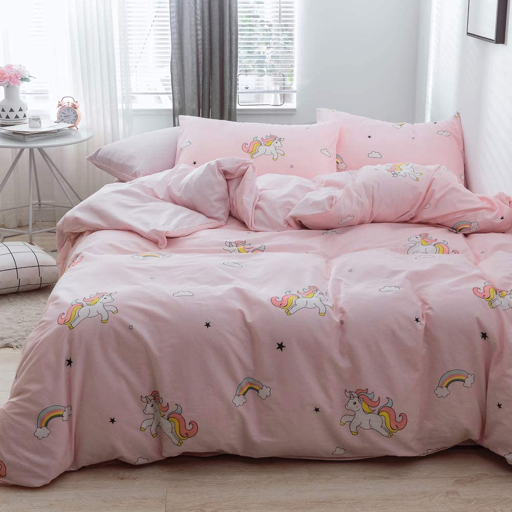 Price:$53.99 Unicorn Duvet Cover Set Queen, 100% Cotton Bedding, Cute Unicorn Rainbow Cloud Pattern Printed on Pink Reversible Striped, 1 Comforter Cover Full and 2 Pillowcases for Kids Teens Boys Girls : Home & Kitchen