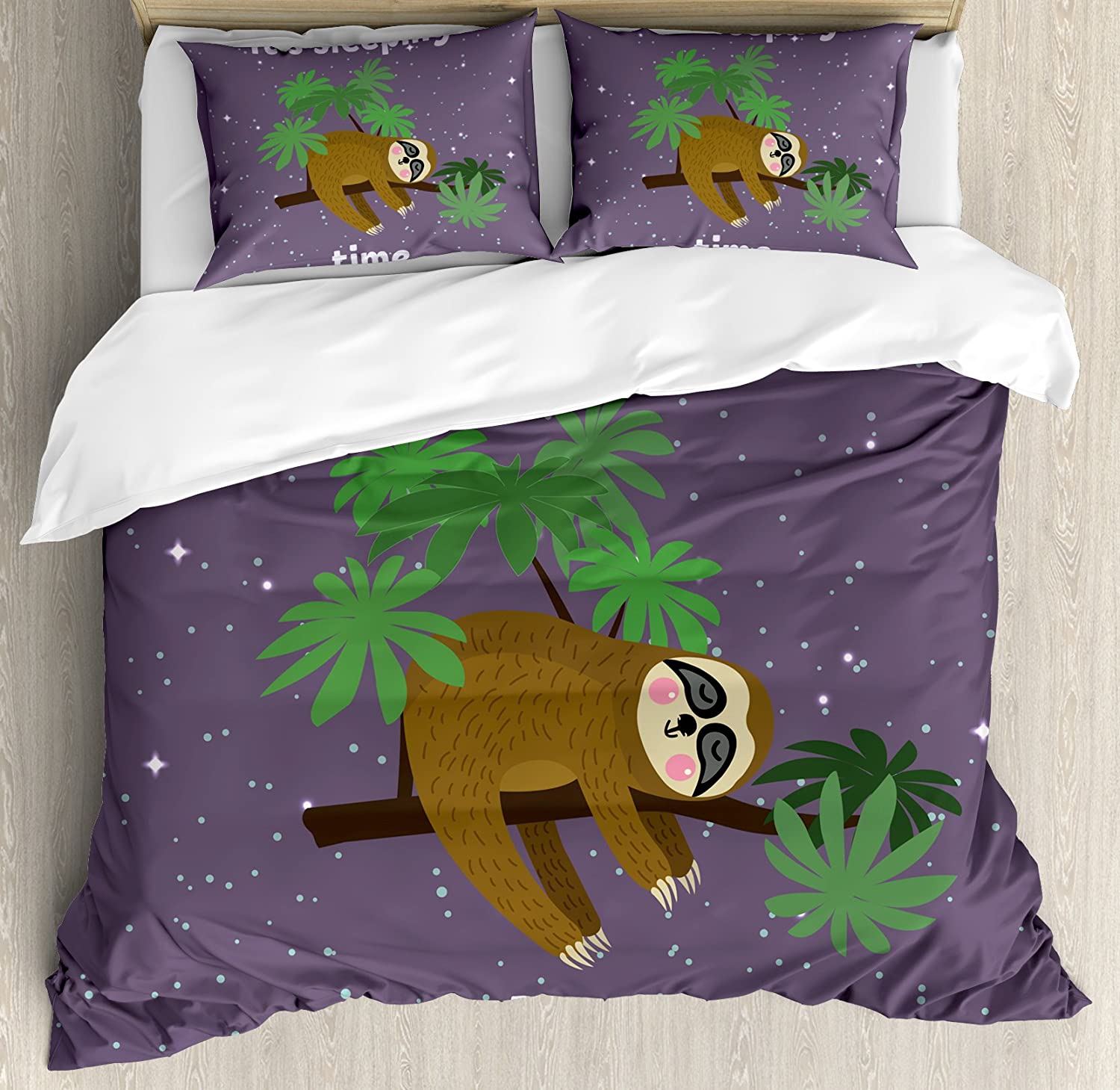Price:$39.97 Sloth Duvet Cover Set, Cartoon Character Sleeping on Branch Jungle Animal in Night Sky Kids Theme, Decorative 3 Piece Bedding Set with 2 Pillow Shams, Queen Size, Plum Brown : Home & Kitchen