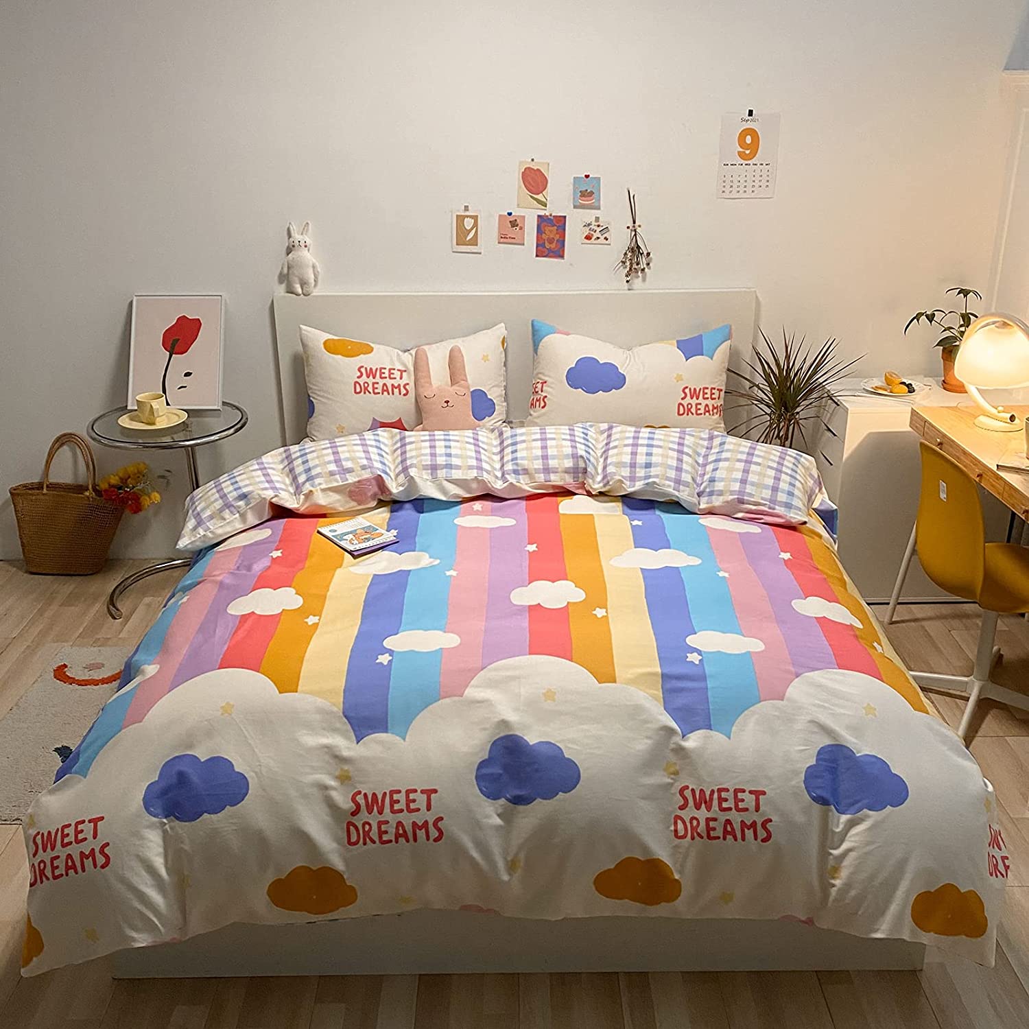 Price:$52.00 Rainbow Duvet Cover Set 100% Cotton Full Queen Cartoon Clouds Star Sky Bedding 1 Rainbow Colors Comforter Cover 2 Pillowcases for Kids Girls Boys Woman : Home & Kitchen