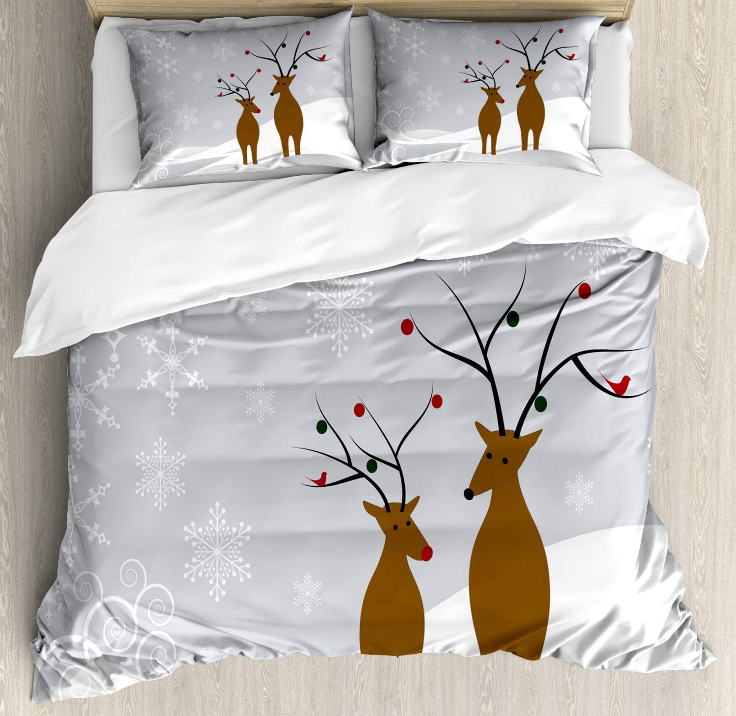 Price:$53.98 Christmas Duvet Cover Set King Size, Cute Reindeers at Noel Time Yule with Snowflakes in Winter Santa Print, Decorative 3 Piece Bedding Set with 2 Pillow Shams, Brown Pale Grey White : Home & Kitchen