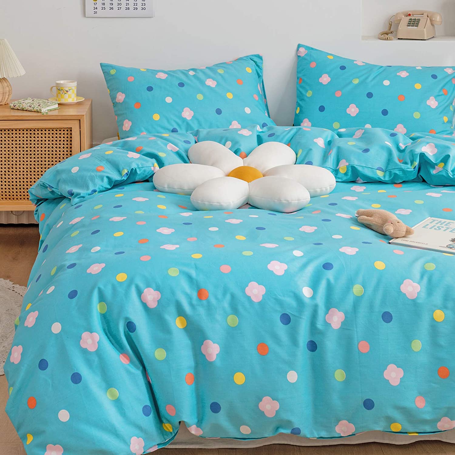 Price:$29.99 Polka Dot Duvet Cover Set Queen 100% Cotton Bedding for Kids Boys Girls Teens Blue White Red Yellow Floral on Teal 1 Dots Comforter Cover Full with Zipper Ties 2 Pillowcases Queen : Home & Kitchen