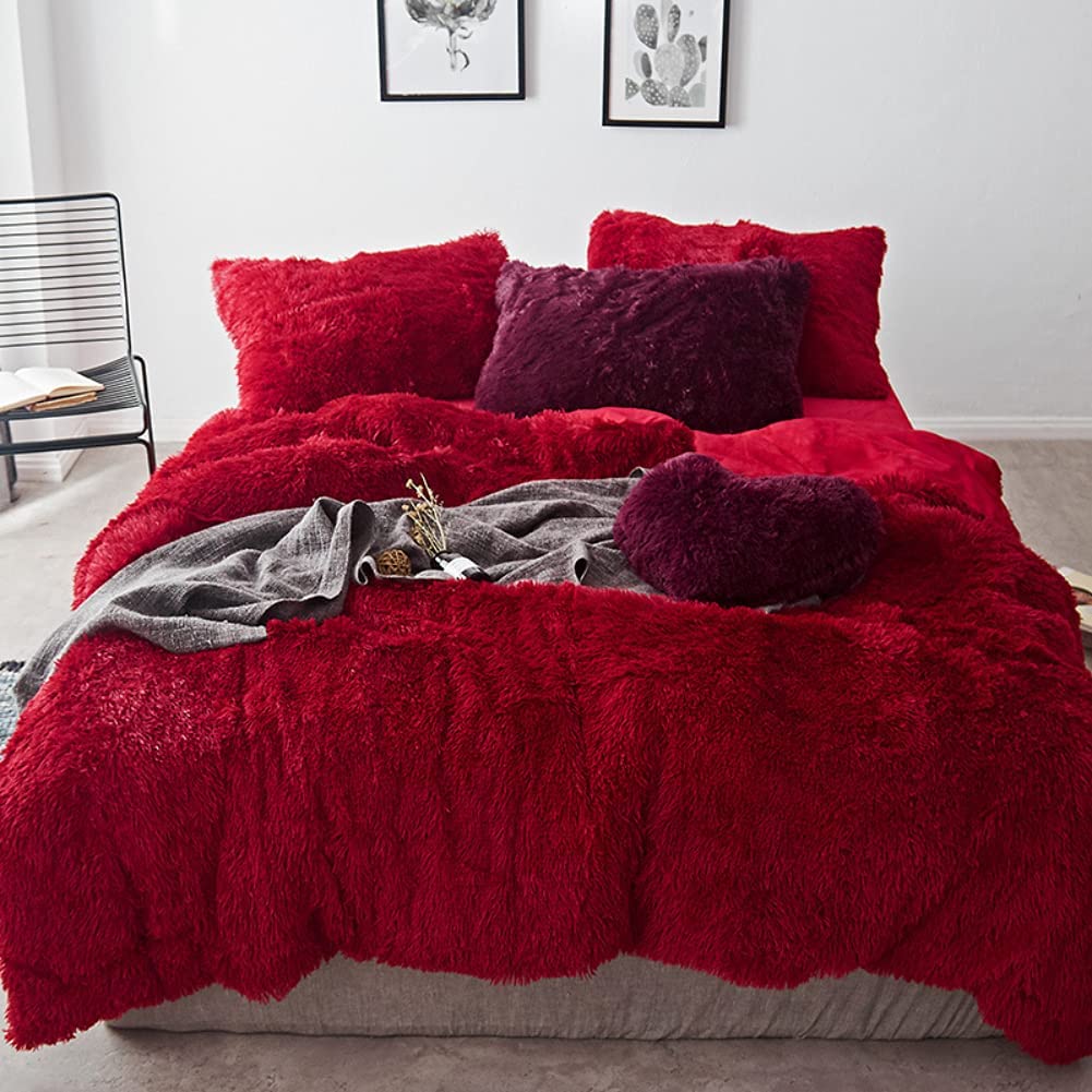 Price:$72.99 Super Soft Shaggy Bedding Set Fluffy Faux Fur Duvet Cover Crystal Velvet Warm 3PCS (1 Faux Fur Duvet Cover + 2 Faux Fur Pillow Shams), Zipper Closure (Wine Red, Full) : Home & Kitchen