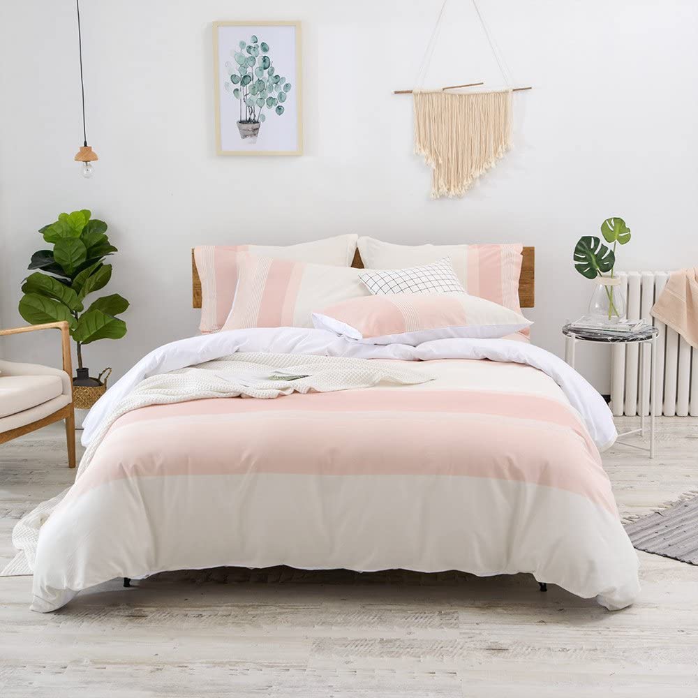 Price:$59.99 Cotton Duvet Cover Set King,100% Cotton Yarn Dyed Stripe Duvet Cover Set, 3 Pieces Bedding Set, King Light Pink : Home & Kitchen