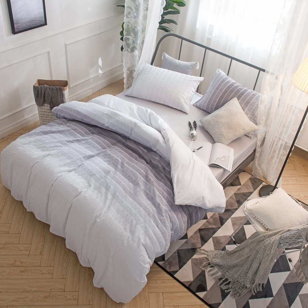 Price:$59.99 Cotton Duvet Cover Set King Size,100% Cotton Woven Seersucker Stripe Bedding Set, Grey and White Duvet Cover Set,3 Pieces (1 Duvet Cover with 2 Pillowshams) - King : Home & Kitchen