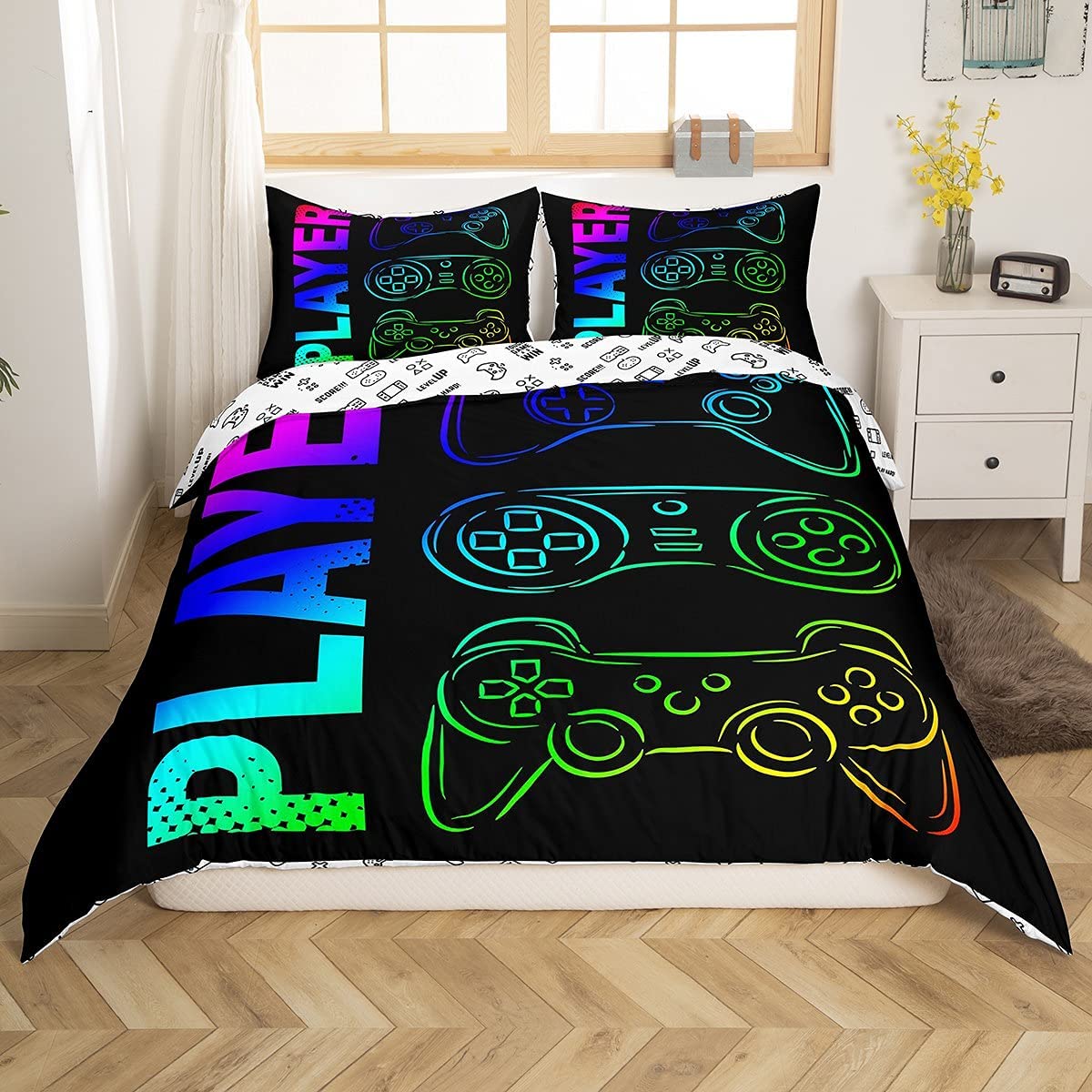 Price:$36.99 Gamer Comforter Cover Set Twin,Boys Video Game Bedding Set,Cartoon Gamepad Neon Lights Duvet Cover Decorative 2 Piece,Soft Microfiber Reversible Bedspread Cover Game Controllers Print,No Filler : Home & Kitchen