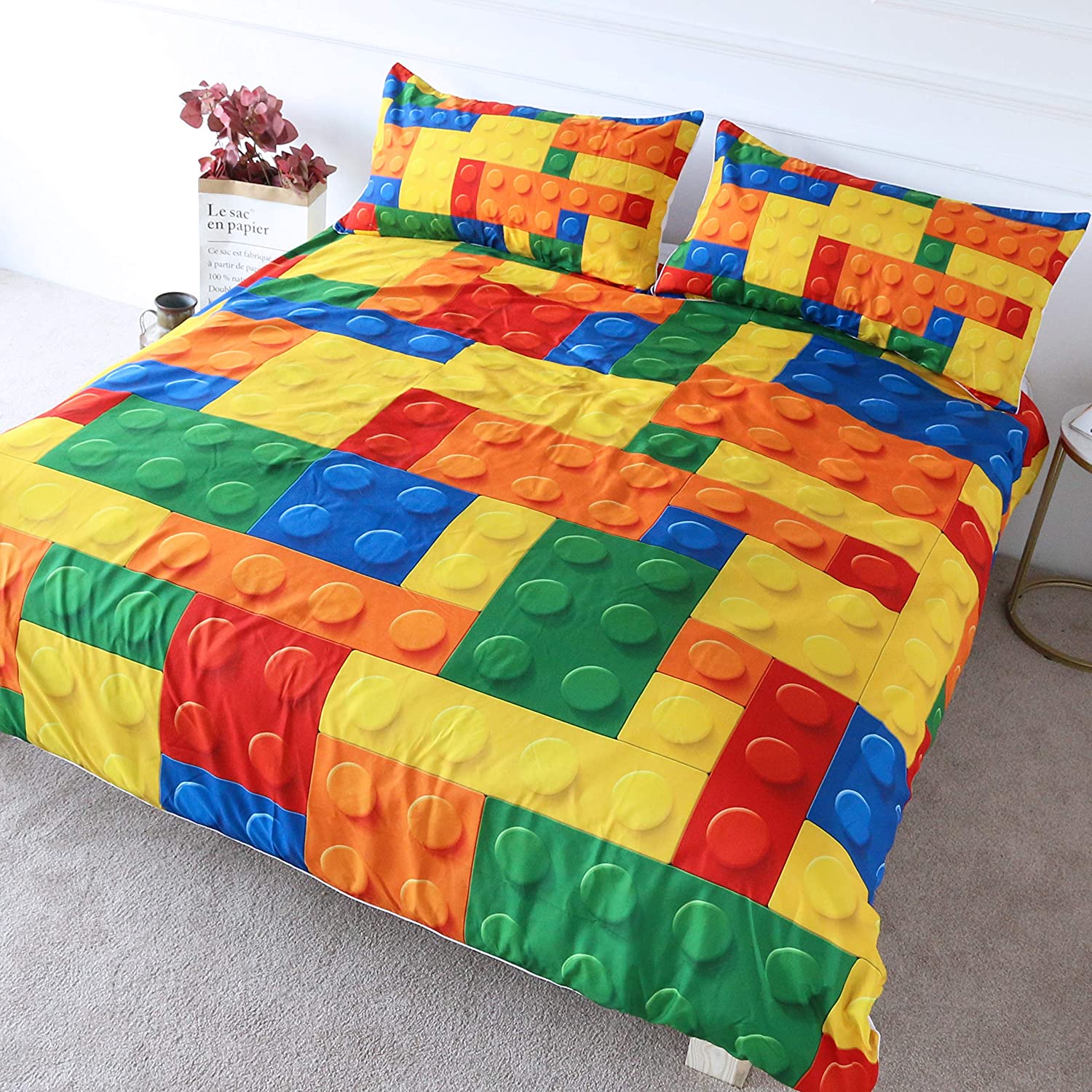 Price:$39.90 Colorful Toy Bedding Building Blocks Pattern Duvet Cover 3 Pieces Kids Boys Fun Brick Bedspread Set (Twin) : Home & Kitchen
