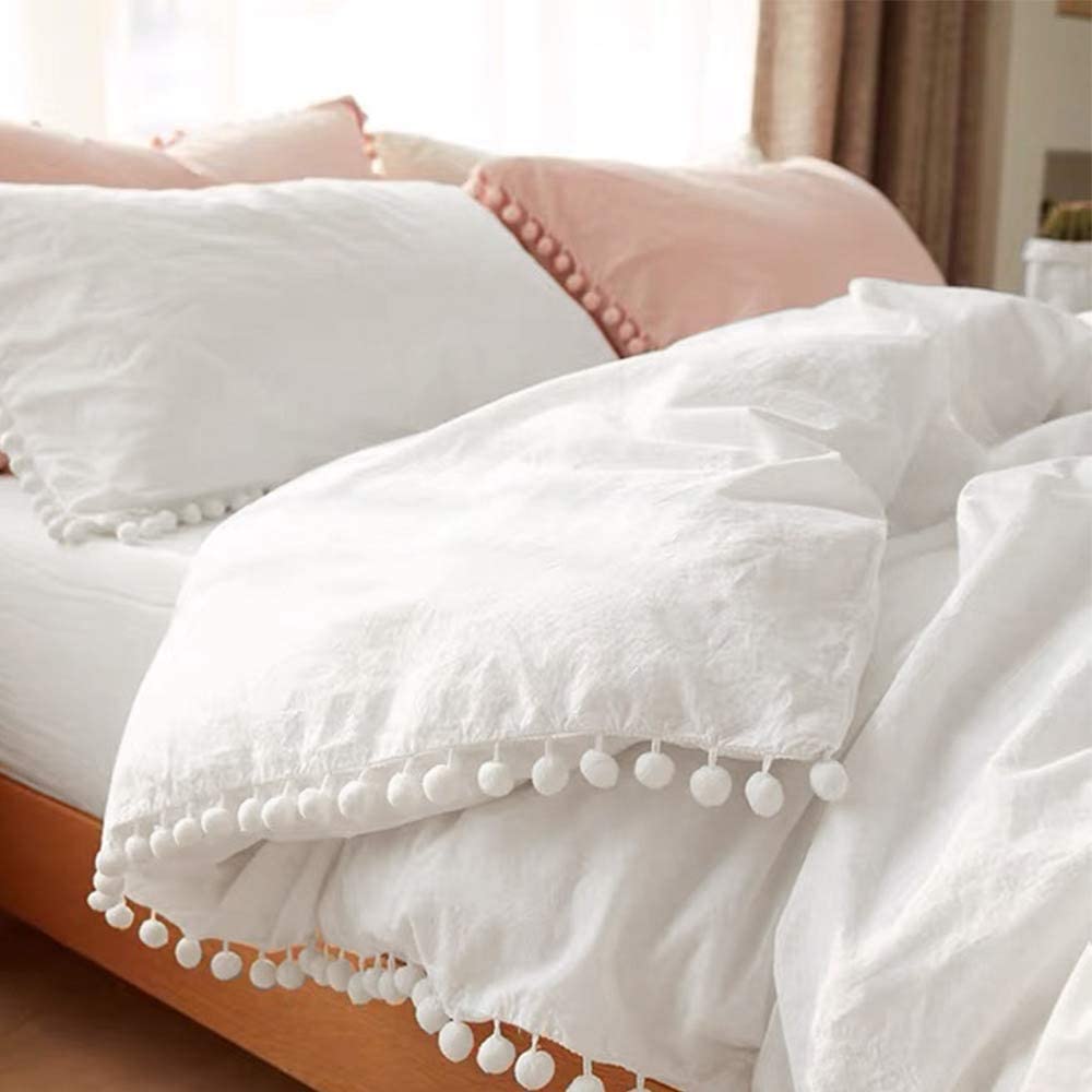 Price:$36.99 Duvet Cover Full Size - 3 Piece Boho Bohemian Farmhouse Microfiber Comforter Cover Set - Soft and Lightweight Quilt Cover, Solid White Pompom : Home & Kitchen