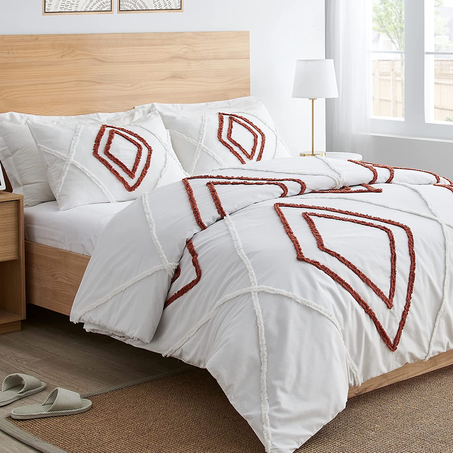 Price:$89.99 Boho Chic Ivory and Orange Rust Macrame Tufted Tassel 3 pc. Full / Queen Size Bed Bedding Set Duvet Comforter Cover Sham Textured Minimalist Cotton Fringe Farmhouse Indie Neutral Rustic Urban : Home & Kitchen