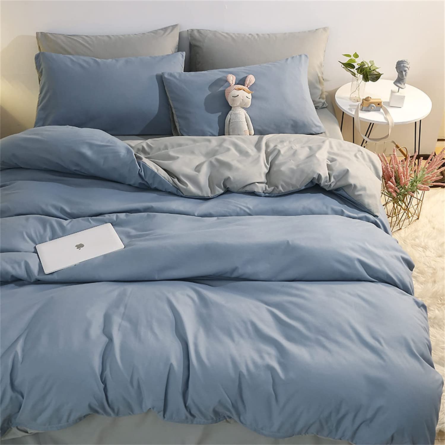 Price:$33.99 Home 100% Microfiber Washed Duvet Cover Set Classic Solid Color Soft and Comfortable 4PC Bedding Set with Large Size Sheets (Queen Blue) : Home & Kitchen
