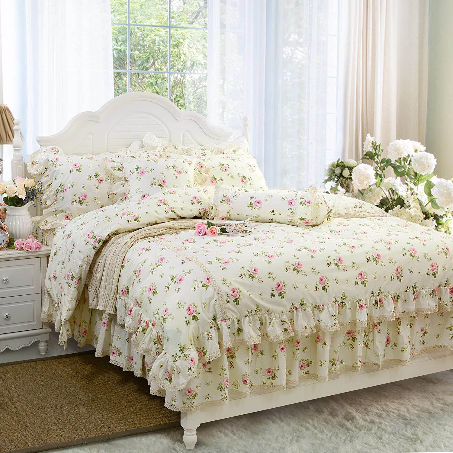 Price:$72.00 Rosette Floral Print Duvet Cover Set Princess Lace Ruffle Bedding Set for Girls 3 Pieces Full Size : Home & Kitchen