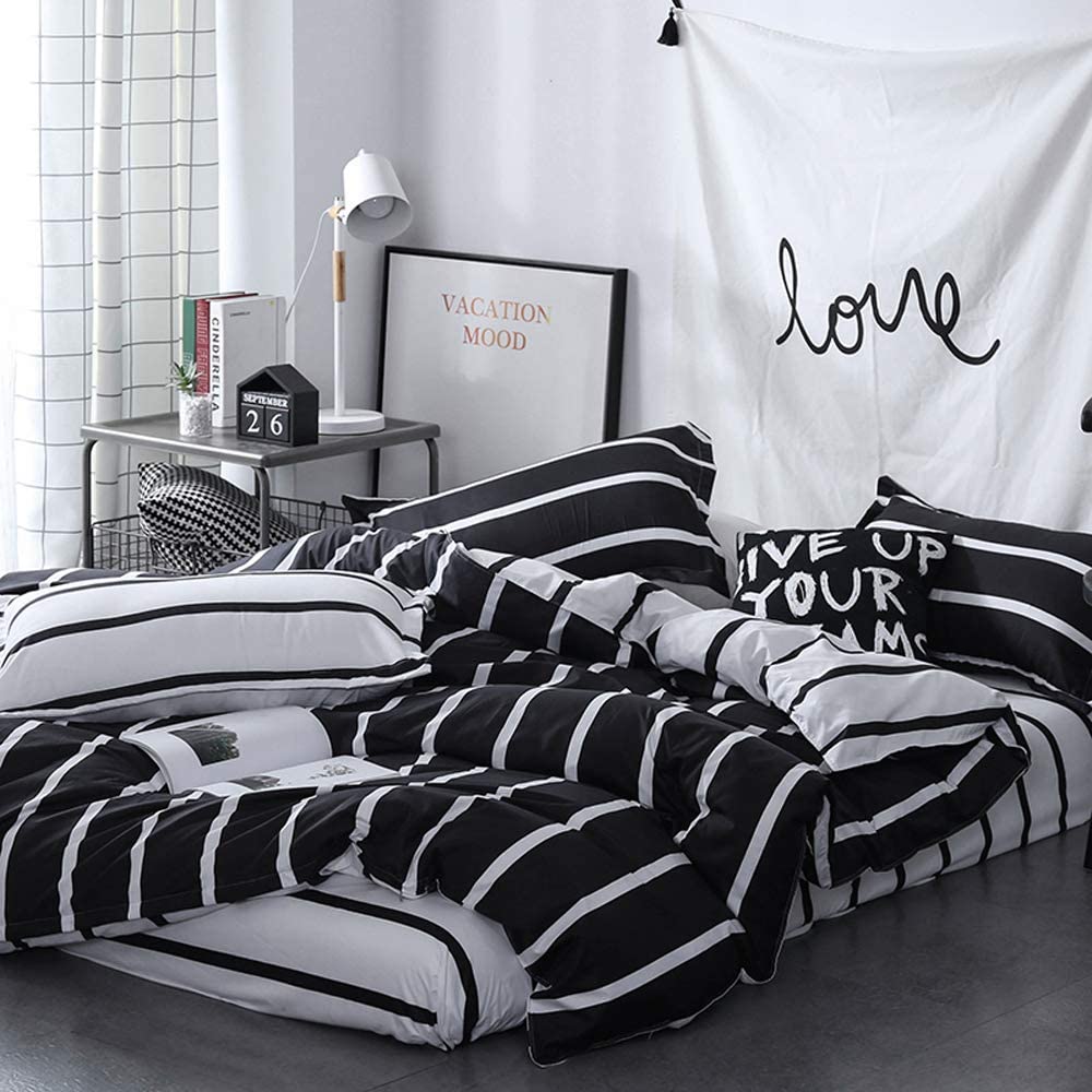 Price:$39.99 Duvet Cover Set Striped Duvet Cover 2 Tone Reversible Comforter Cover Zipper Closure White Duvet Cover with Black Stripes Reversible Design Queen : Home & Kitchen