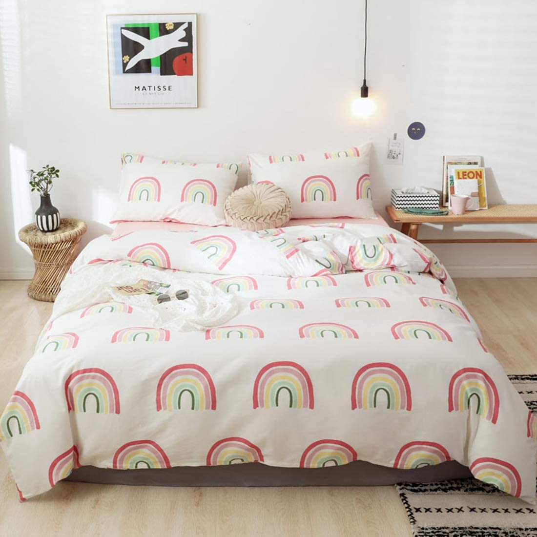 Price:$41.99 Girl's Cute Cartoon Bedding Duvet Cover Set Twin- Pink Rainbow 100% Natural Cotton with 2 Pieces Ultra Soft Breathable Comforter Cover (Rainbow, Twin) : Home & Kitchen