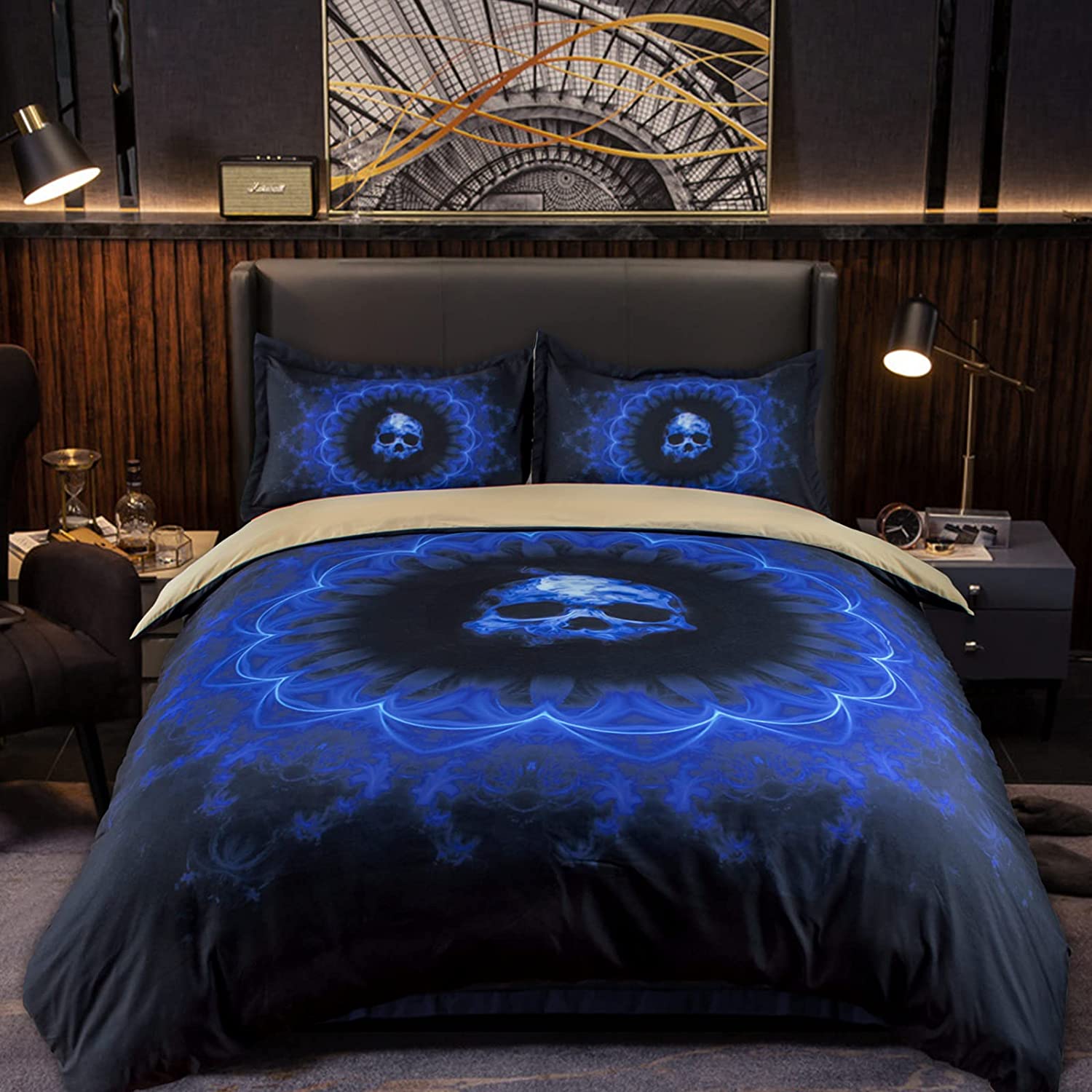 Price:$45.99 Blue Flame Skull Duvet Cover Set Youth Horror Bedding Set 3D Skeleton Gothic Bedding Set Queen Size, 90×90 Inch (1 x Duvet Cover, 2 x Pillowcases) : Everything Else