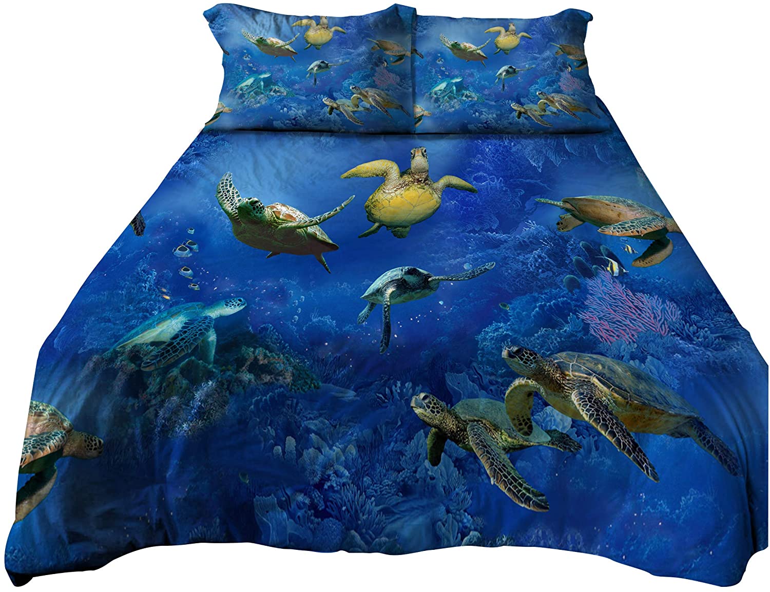Price:$44.99 Soft Reversible 3-Piece Bed Suite. sea Turtle Quilt Turtle Pillowcase Turtle Bedding Duvet Cover Set Teal King Size Bedding Set Comforter Protector Pillowcases (Full) : Home & Kitchen