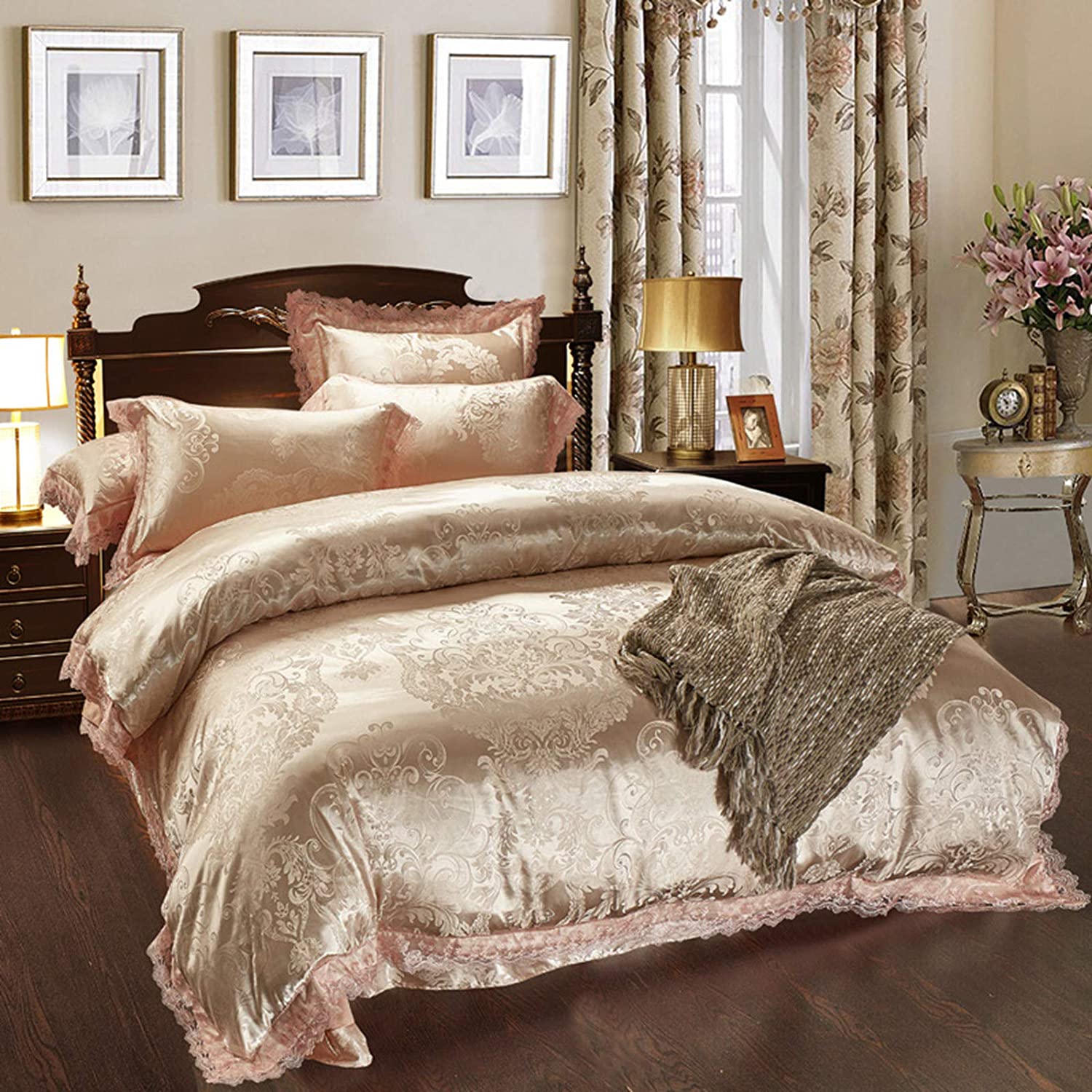 Price:$64.99 4 Piece Sateen Cotton Jacquard Duvet Cover Sets,Delicate Floral Pattern Bedding Sets,Duvet Cover Fitted Sheet and 2 Pillowcases,Pin King. : Home & Kitchen