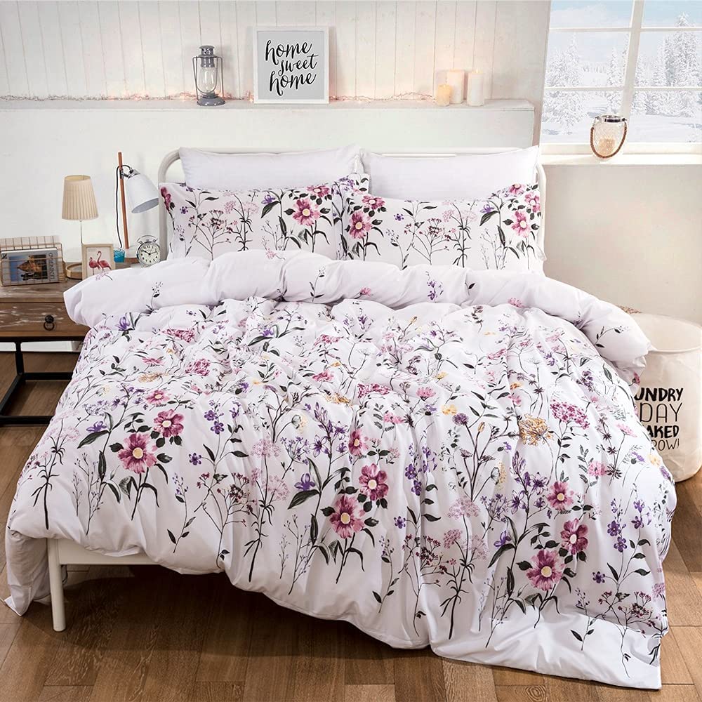 Price:$27.89 Duvet Cover Set Queen Reversible Pink Flower Printed Bedding Comforter Cover with Zipper Closure Ties, 3 Pieces (1 Duvet Cover + 2 Pillowcases), Soft Microfiber White Bedding Set 90"x 90" : Home & Kitchen